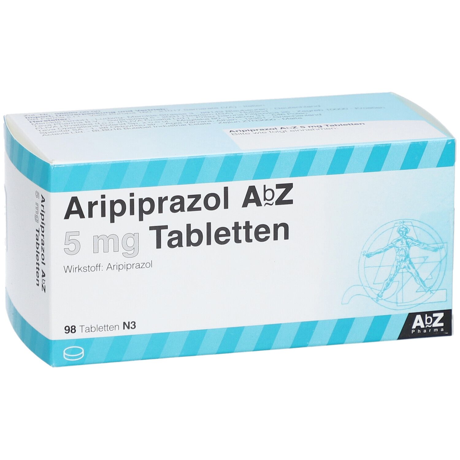 Aripiprazol AbZ 5 mg Tabletten-Packung. Weiß-blaue Schachtel mit Produktnamen, Dosierung und Logo.