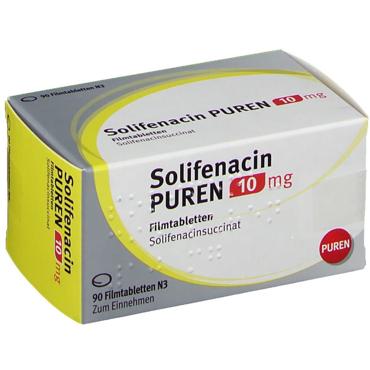 Solifenacin PUREN 10 mg Packung. Aufschrift: 90 Filmtabletten N3. Gelb-weiße Verpackung mit Produktnamen und Dosierung.