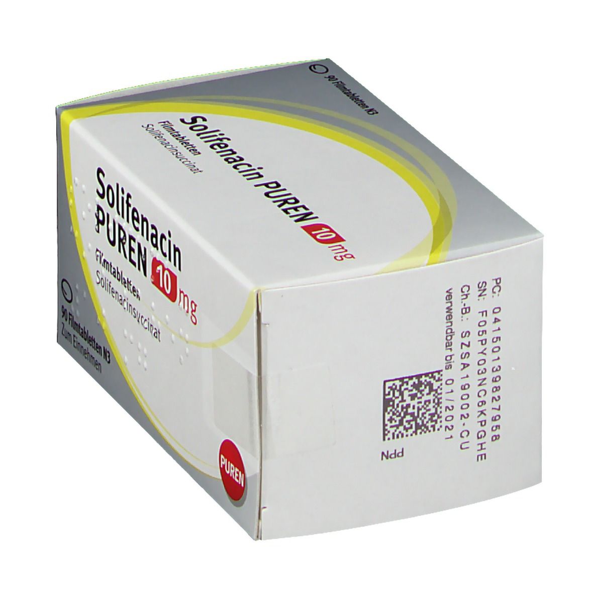 Solifenacin PUREN 10 mg Packung. Seitenansicht. Weiße Verpackung mit Produktnamen, Dosierung und Barcode.