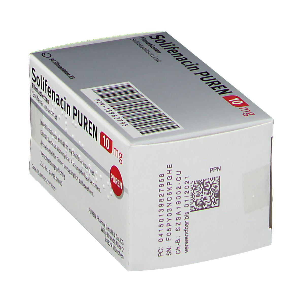Solifenacin PUREN 10 mg Packung. Seitenansicht. Weiße Verpackung mit Produktnamen, Dosierung und Barcode.