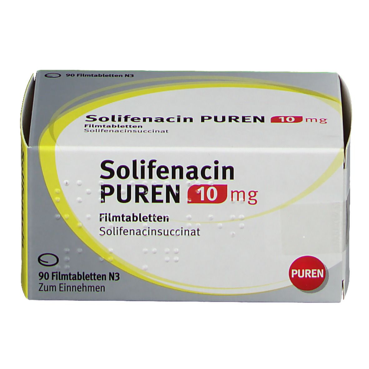 Solifenacin PUREN 10 mg Packung. Aufschrift: 90 Filmtabletten N3. Gelb-weiße Verpackung mit Produktnamen und Dosierung.