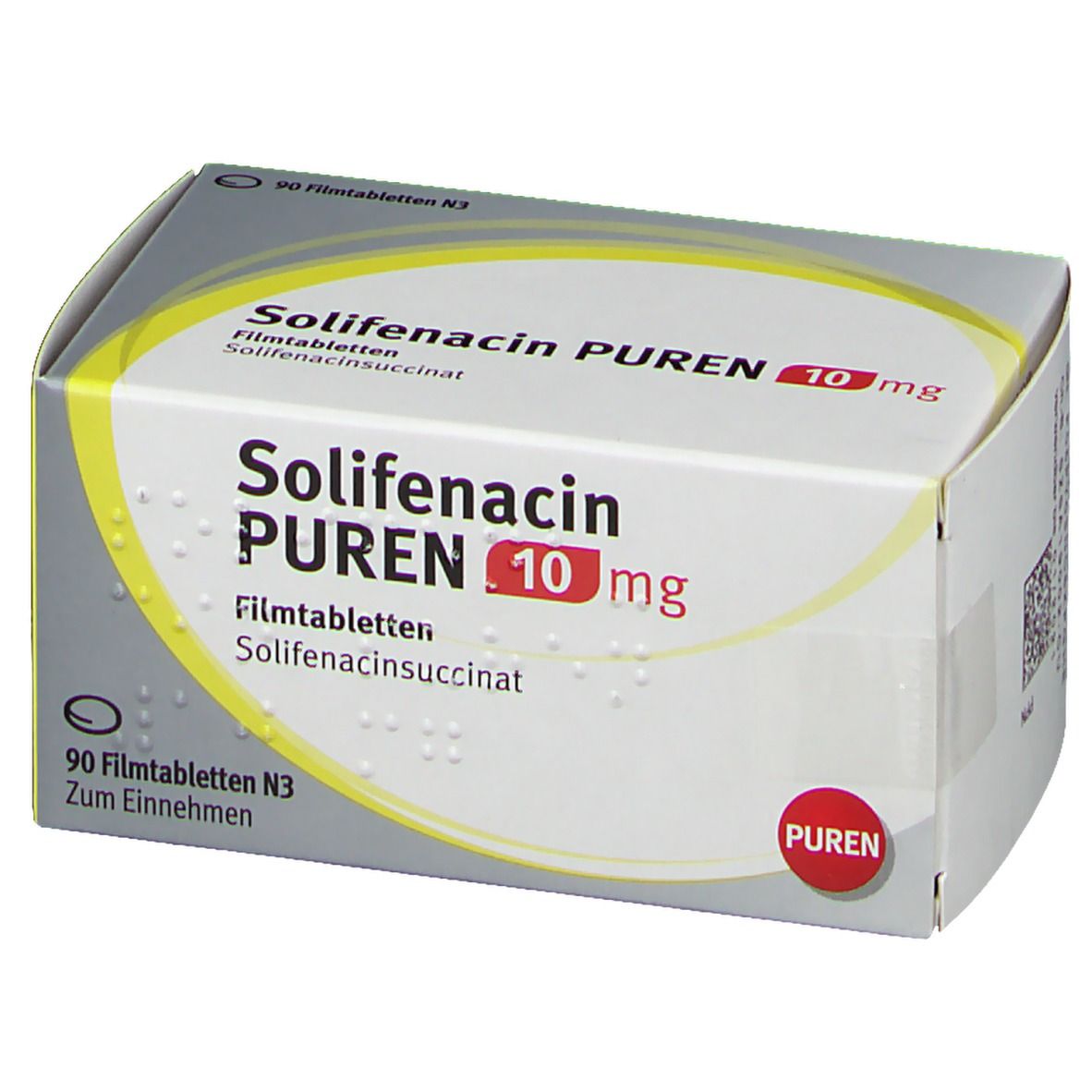 Solifenacin PUREN 10 mg Packung. Aufschrift: 90 Filmtabletten N3. Gelb-weiße Verpackung mit Produktnamen und Dosierung.