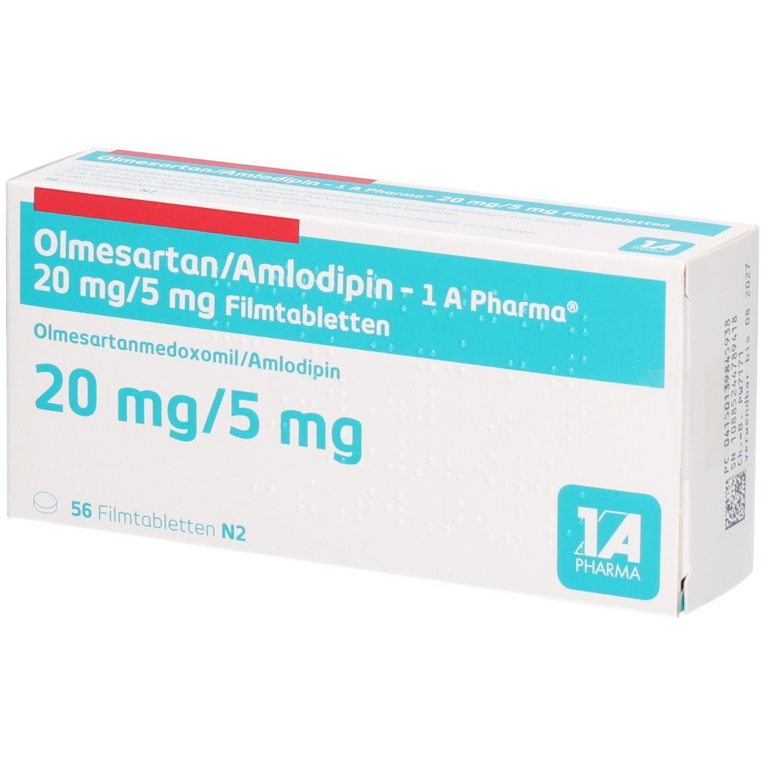 Schachtel mit Olmesartan/Amlodipin - 1 A Pharma 20 mg/5 mg Filmtabletten. Aufschrift: 20 mg/5 mg, 56 Filmtabletten.