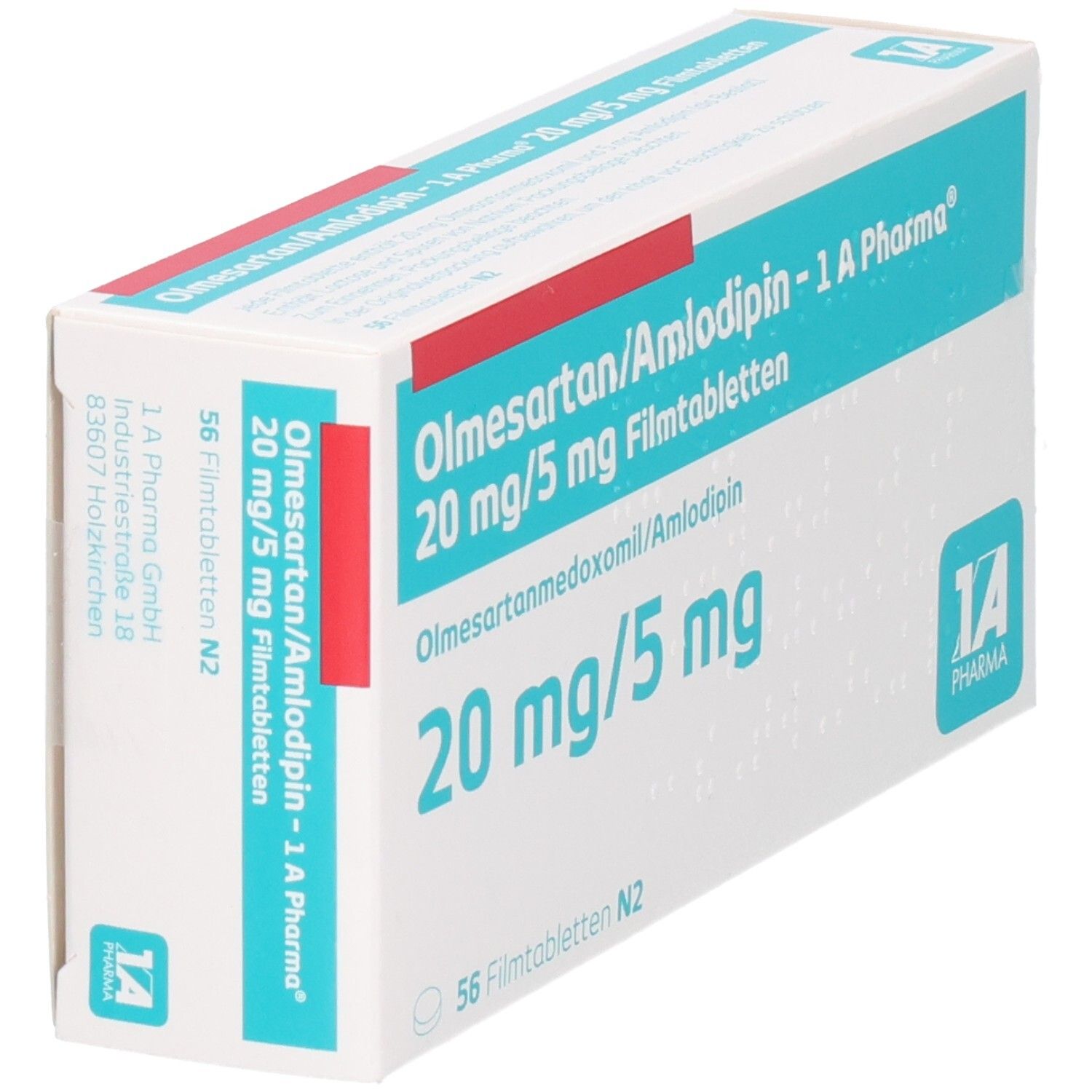 Schachtel Olmesartan/Amlodipin - 1 A Pharma 20 mg/5 mg Filmtabletten. Aufschrift: 20 mg/5 mg, 56 Filmtabletten. 1 A Pharma Logo.