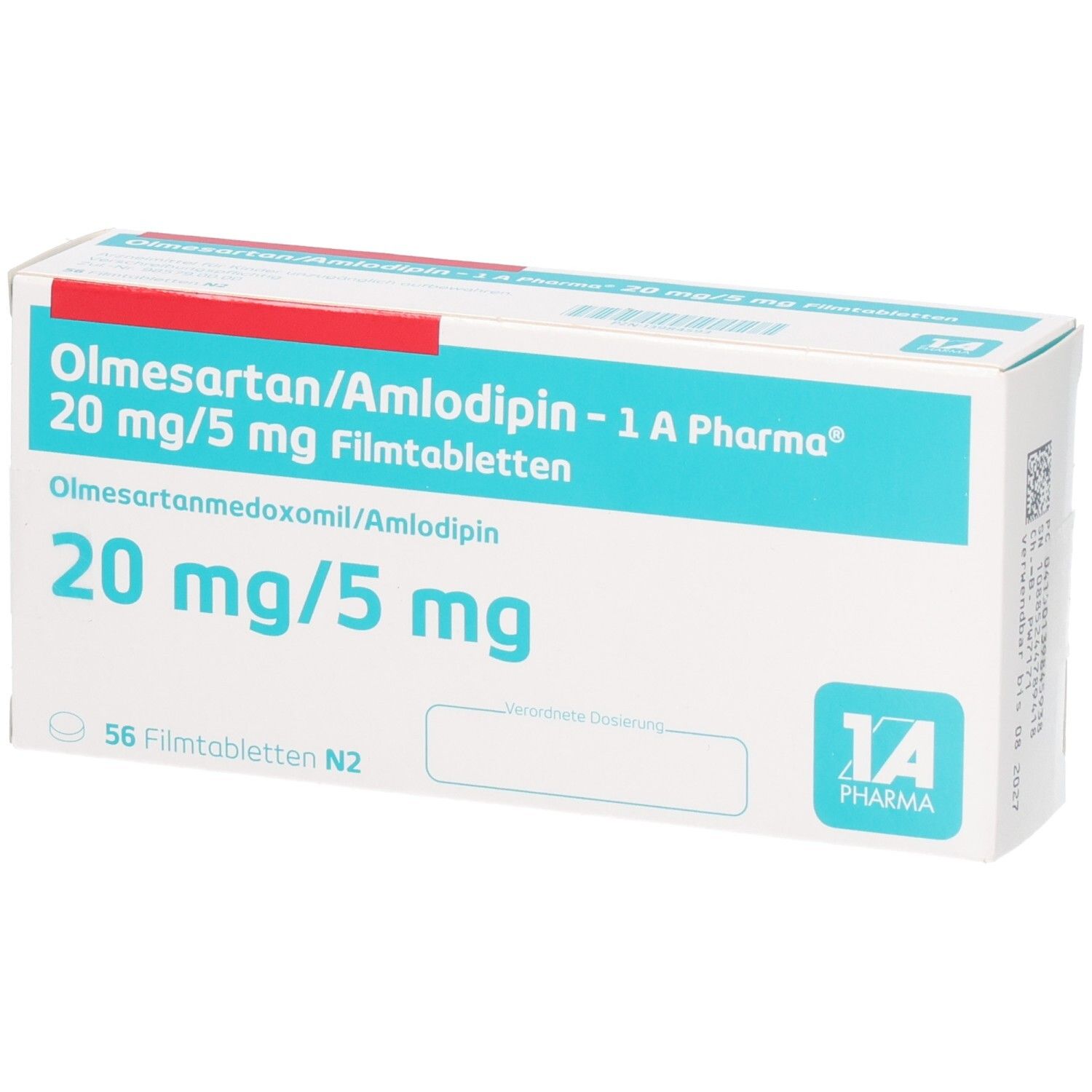 Schachtel Olmesartan/Amlodipin - 1 A Pharma 20 mg/5 mg Filmtabletten. Aufschrift: 20 mg/5 mg, 56 Filmtabletten. 1 A Pharma Logo.