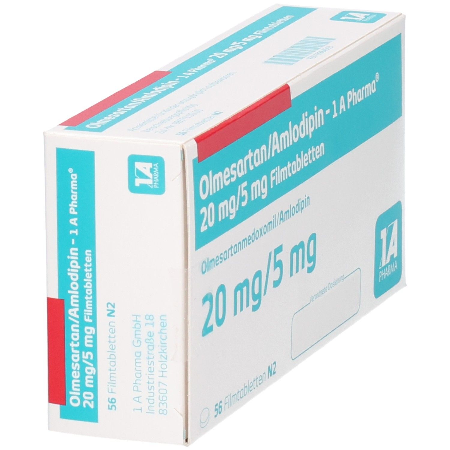 Schachtel Olmesartan/Amlodipin - 1 A Pharma 20 mg/5 mg Filmtabletten. Aufschrift: 20 mg/5 mg, 56 Filmtabletten. 1 A Pharma Logo.