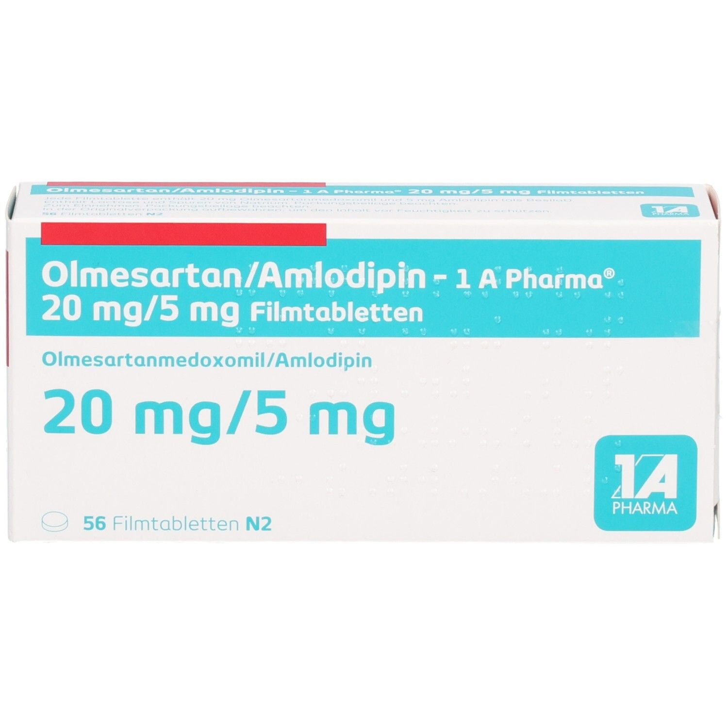 Schachtel Olmesartan/Amlodipin - 1 A Pharma 20 mg/5 mg Filmtabletten. Aufschrift: 20 mg/5 mg, 56 Filmtabletten. 1 A Pharma Logo.