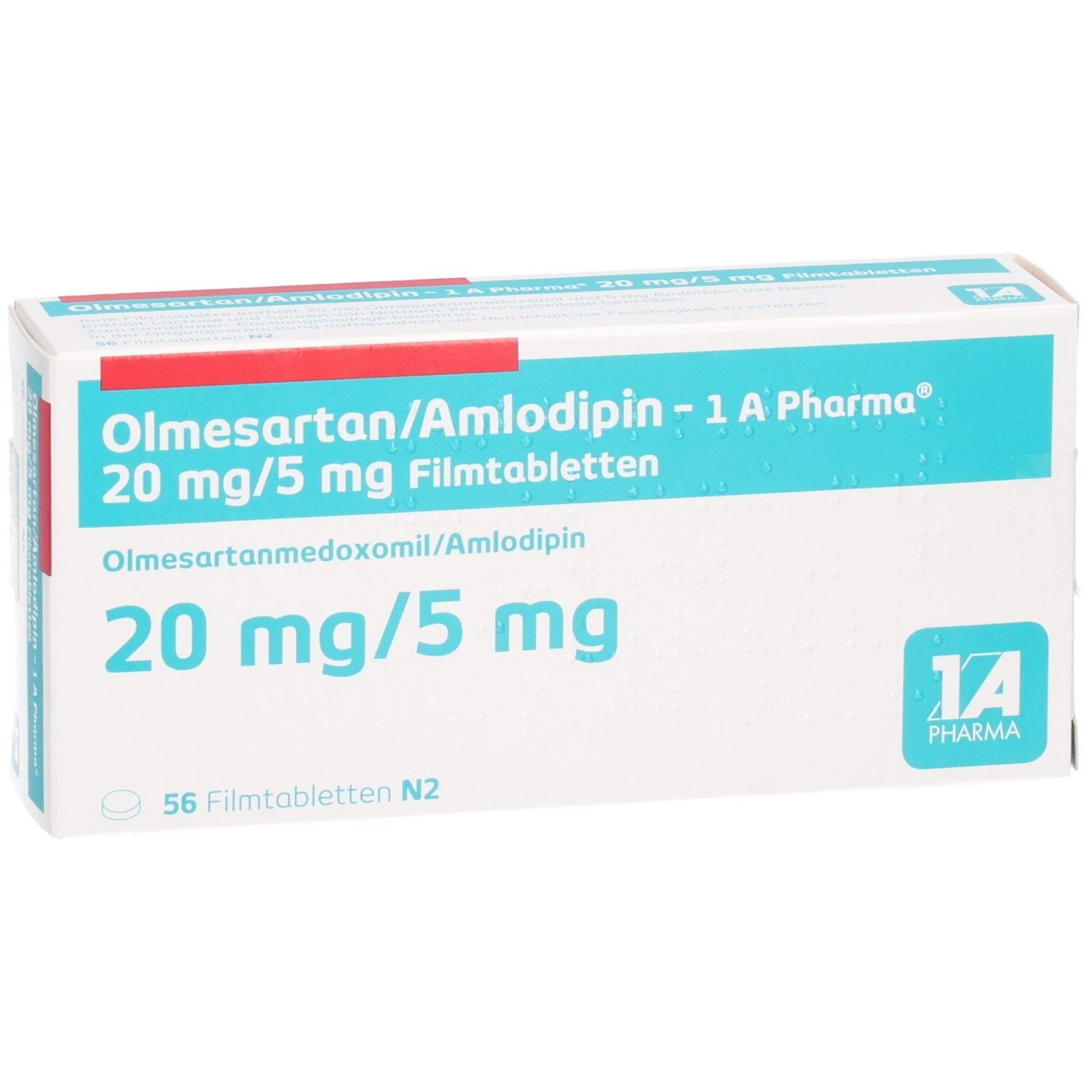 Schachtel Olmesartan/Amlodipin - 1 A Pharma 20 mg/5 mg Filmtabletten. Aufschrift: 20 mg/5 mg, 56 Filmtabletten. 1 A Pharma Logo.