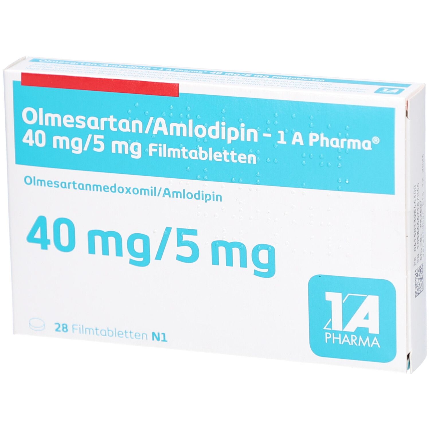 Schachtel mit Olmesartan/Amlodipin-Tabletten. Aufschrift: 40 mg/5 mg, 1A Pharma. Enthält 28 Filmtabletten.