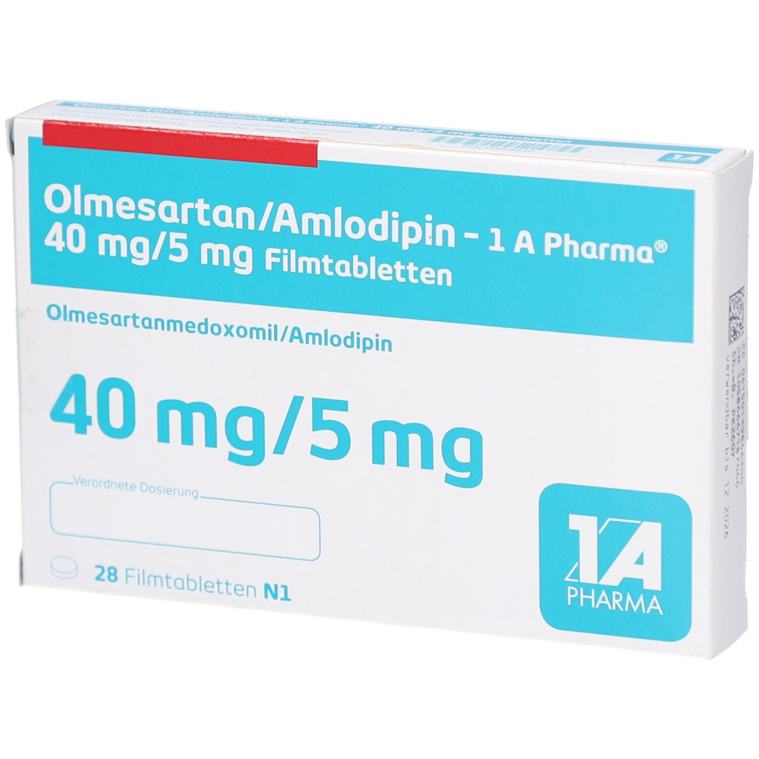 Schachtel mit Olmesartan/Amlodipin-Tabletten. Aufschrift: 40 mg/5 mg, 1A Pharma. Enthält 28 Filmtabletten. Mit leerem Feld.