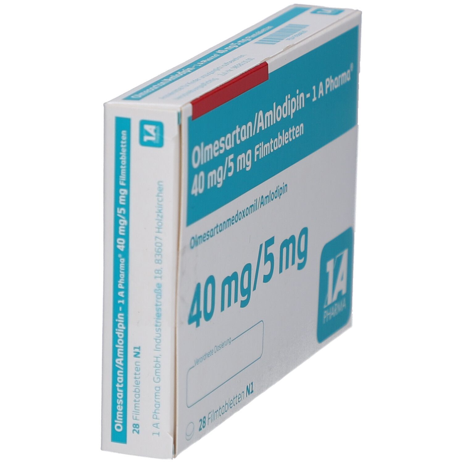 Schachtel mit Olmesartan/Amlodipin-Tabletten, schräg. Aufschrift: 40 mg/5 mg, 1A Pharma. Mit leerem Feld.