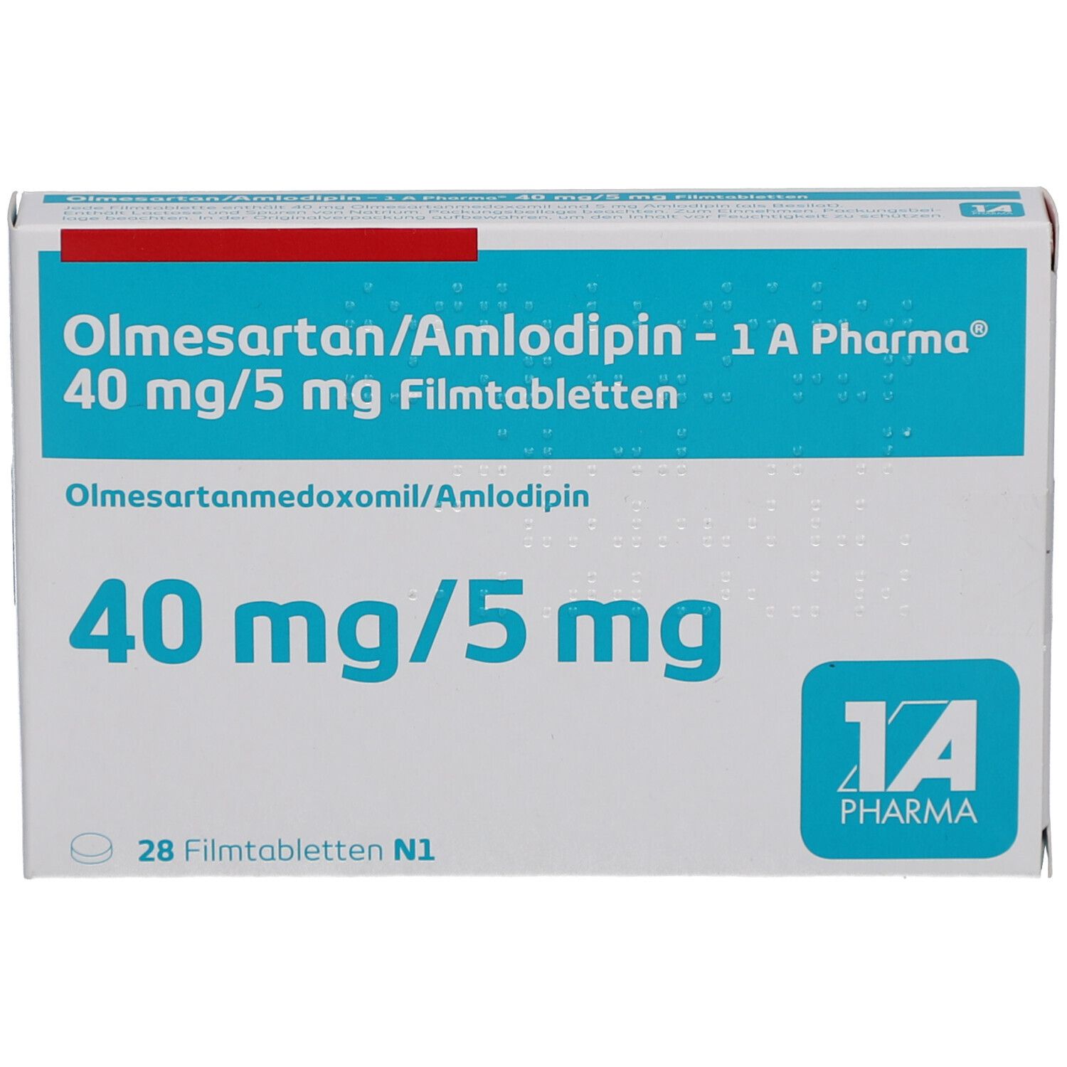 Schachtel mit Olmesartan/Amlodipin-Tabletten. Aufschrift: 40 mg/5 mg, 1A Pharma. Enthält 28 Filmtabletten.