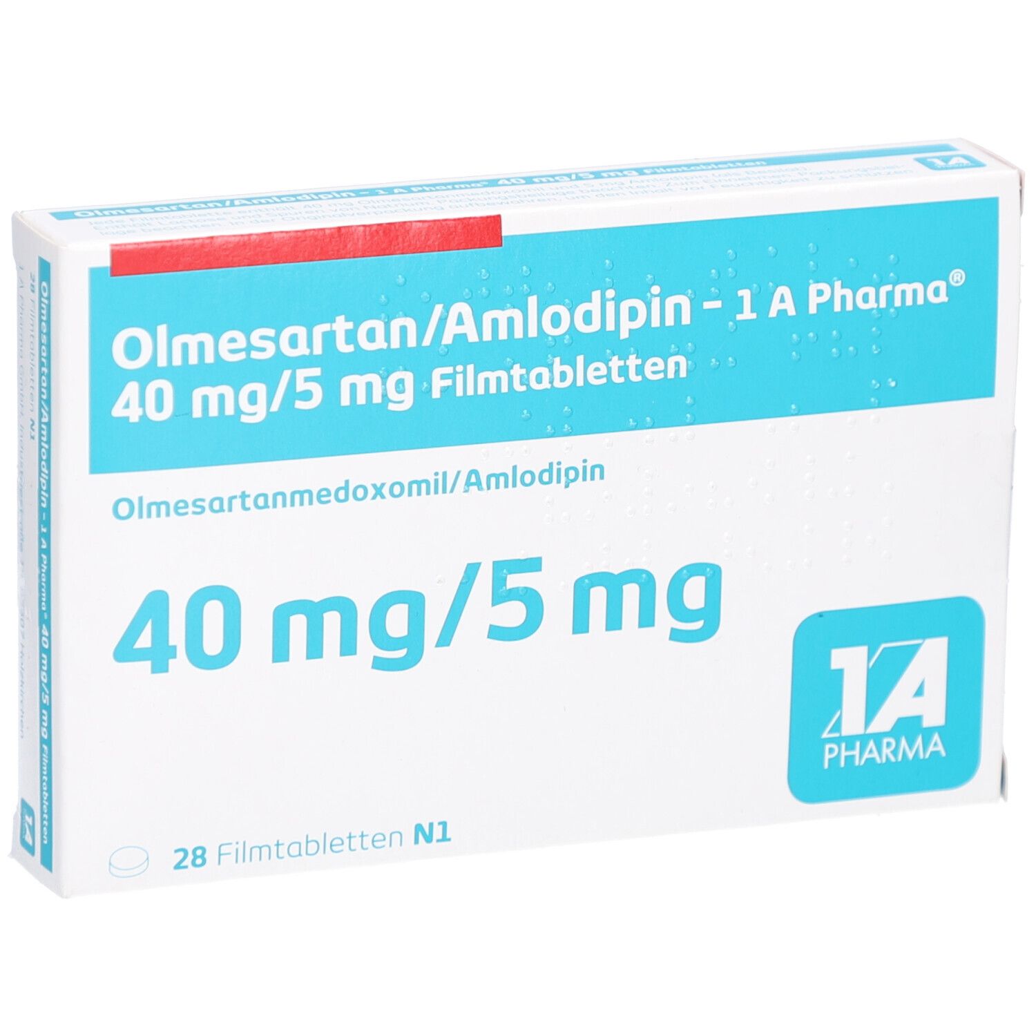 Schachtel mit Olmesartan/Amlodipin-Tabletten. Aufschrift: 40 mg/5 mg, 1A Pharma. Enthält 28 Filmtabletten.