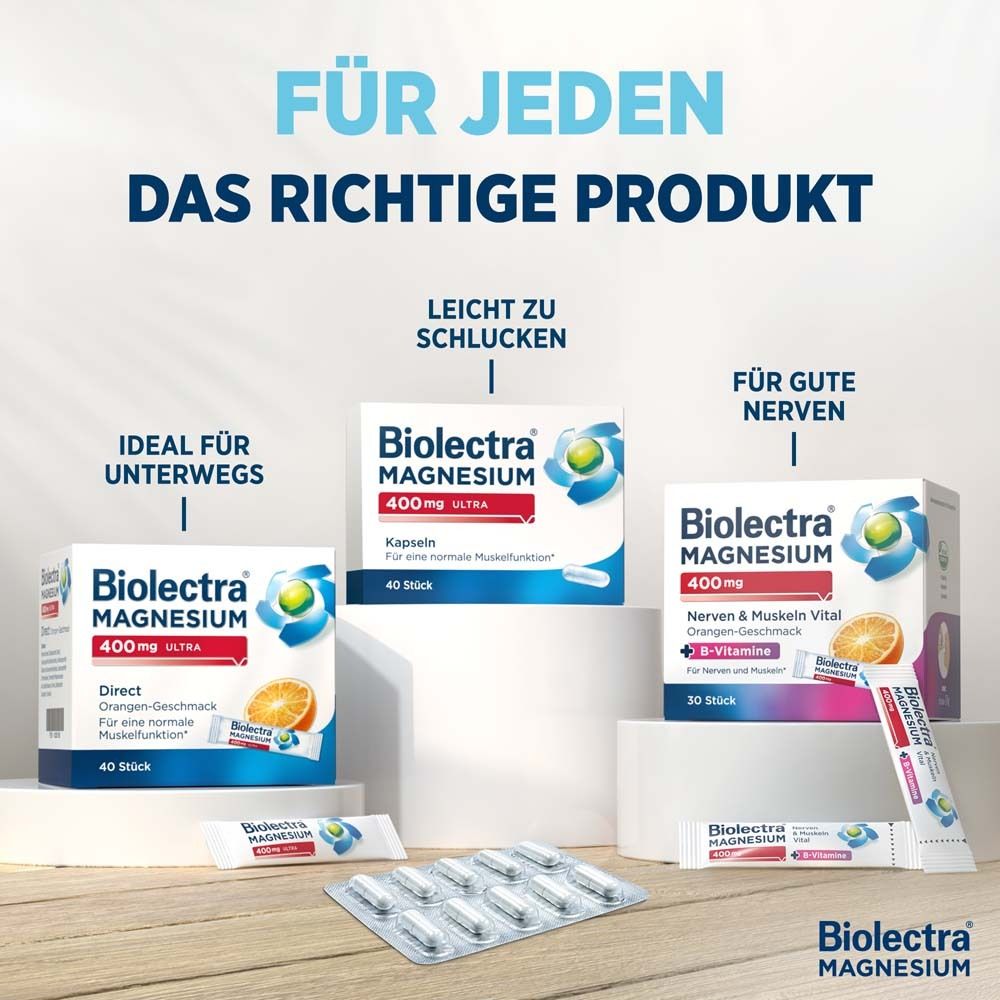 Verschiedene Biolectra Magnesium Produkte. Text: Für jeden das richtige Produkt. Leicht zu schlucken. Für gute Nerven.