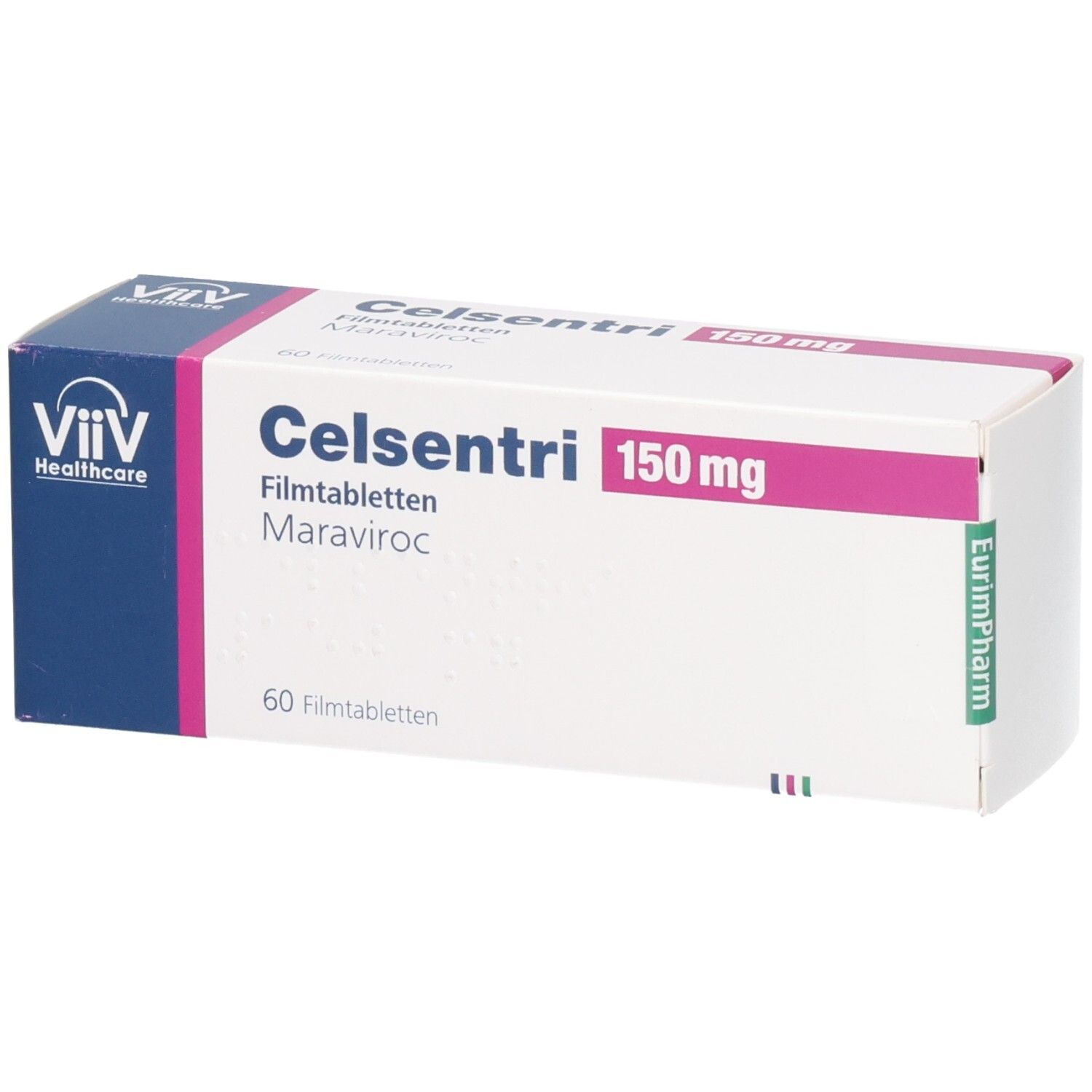 Celsentri 150 mg Filmtabletten-Packung. Weißer Karton mit blauer und pinkfarbener Beschriftung. Enthält 60 Filmtabletten.