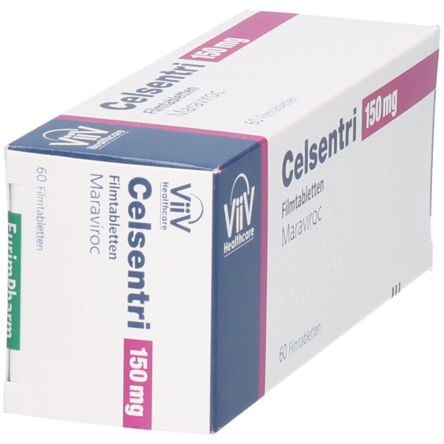 Schräg gestellte Celsentri 150 mg Filmtabletten-Packung. Weißer Karton mit blauer und pinkfarbener Beschriftung. 60 Filmtabletten.