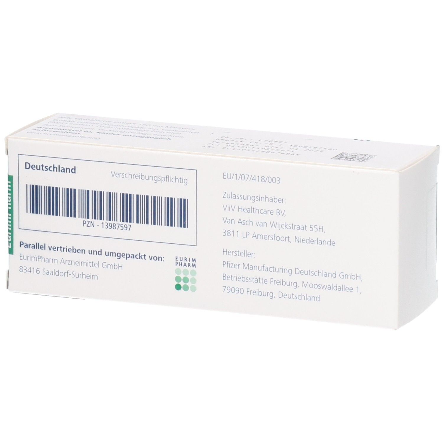 Rückseite der Celsentri 150 mg Filmtabletten-Packung. Weißer Karton mit Barcode, Hersteller- und Vertriebsinformationen.
