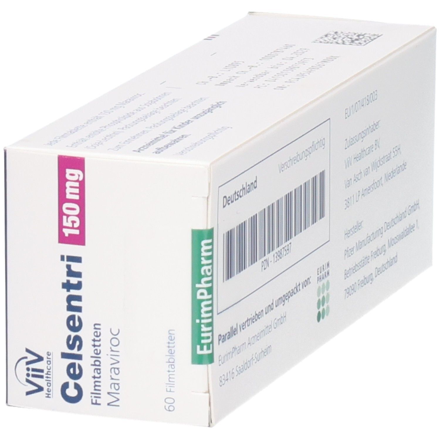 Schräg gestellte Celsentri 150 mg Filmtabletten-Packung. Rückseite mit Barcode und Herstellerinformationen. Weißer Karton.