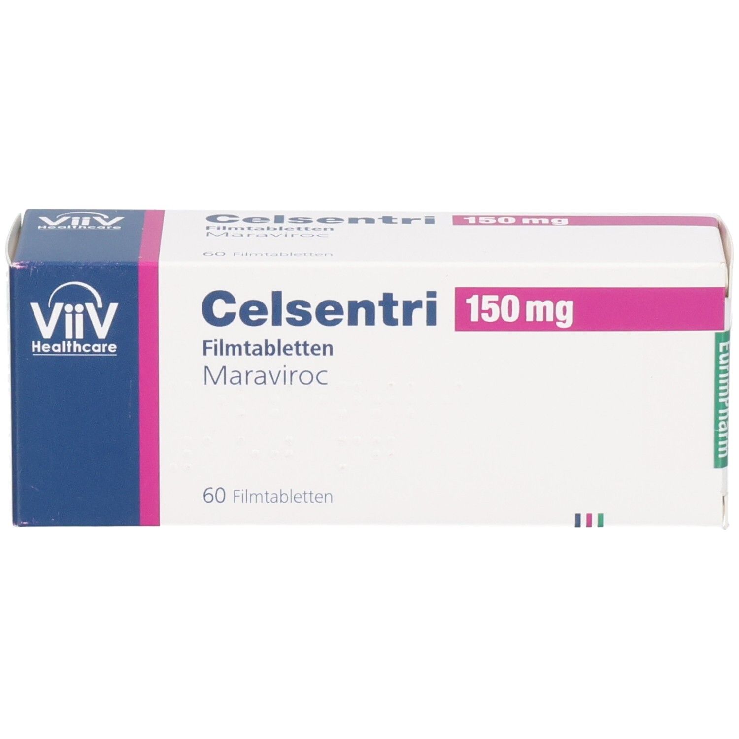 Celsentri 150 mg Filmtabletten-Packung. Weißer Karton mit blauer und pinkfarbener Beschriftung. Enthält 60 Filmtabletten.