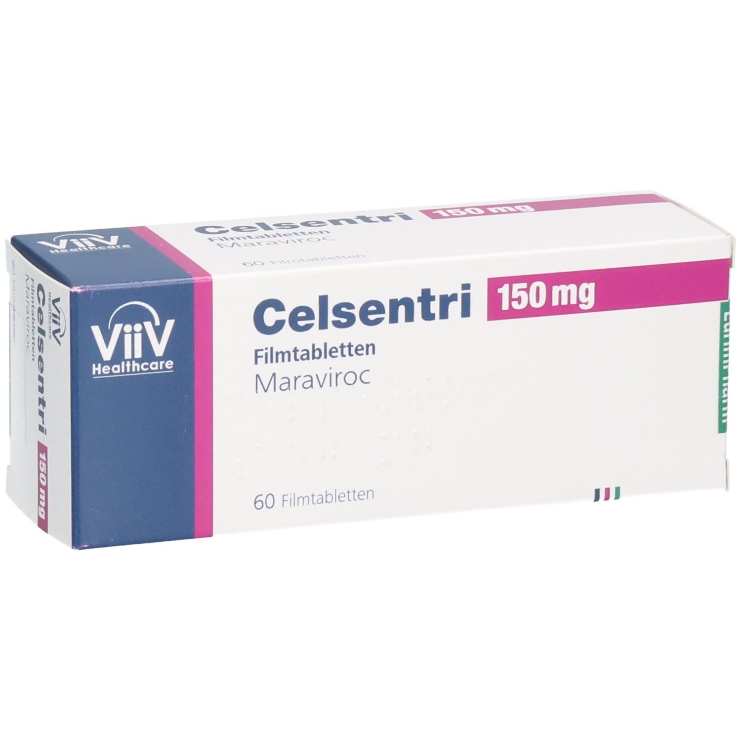 Celsentri 150 mg Filmtabletten-Packung. Weißer Karton mit blauer und pinkfarbener Beschriftung. Enthält 60 Filmtabletten.