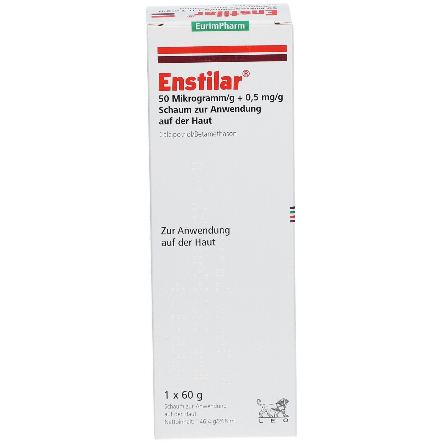 Vorderseite der ENSTILAR Schaum-Verpackung mit Produktnamen und Dosierungsangaben.