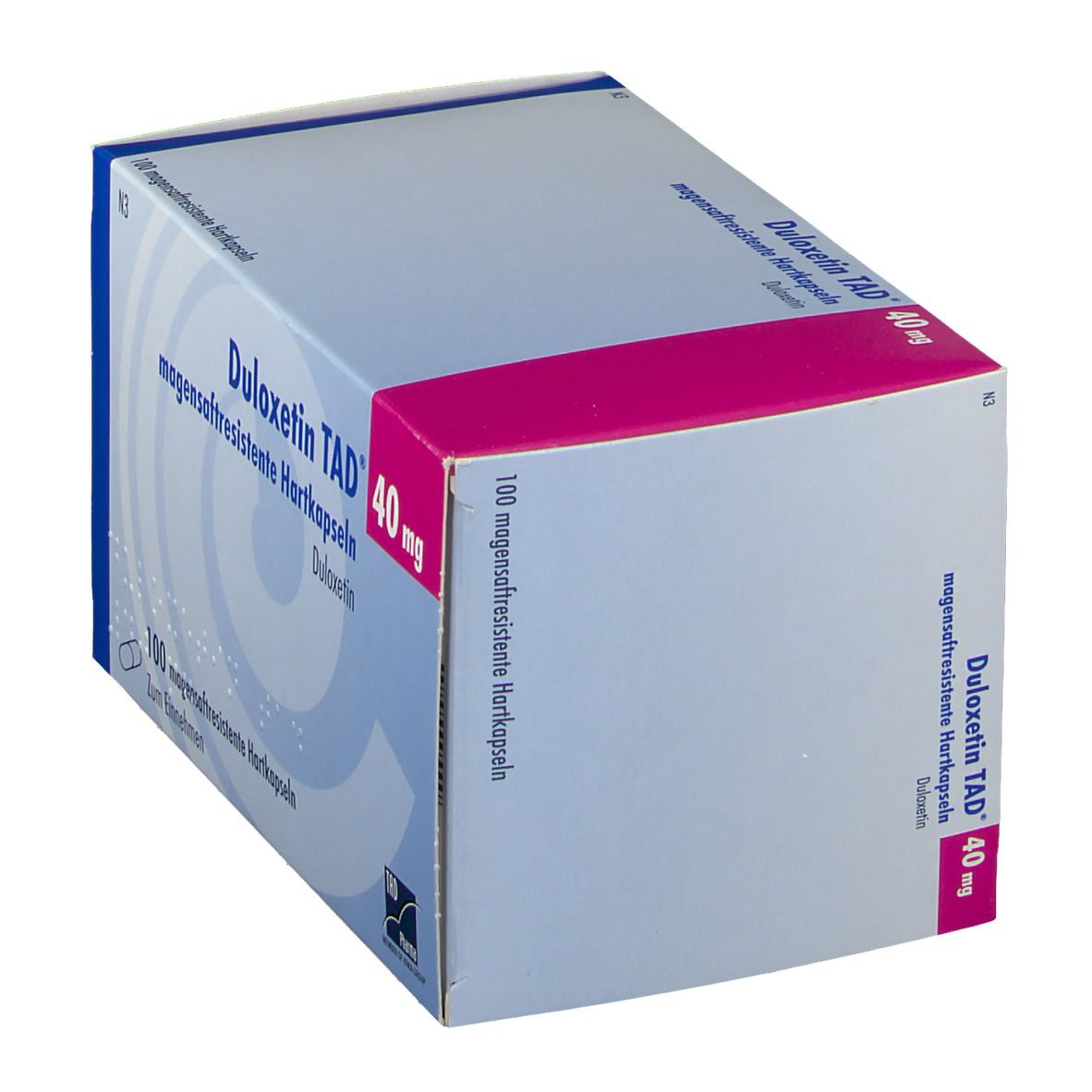 Karton von Duloxetin TAD® 40 mg, magensaftresistente Hartkapseln. Blaue und rosa Verpackung mit Produktnamen und Dosierung.