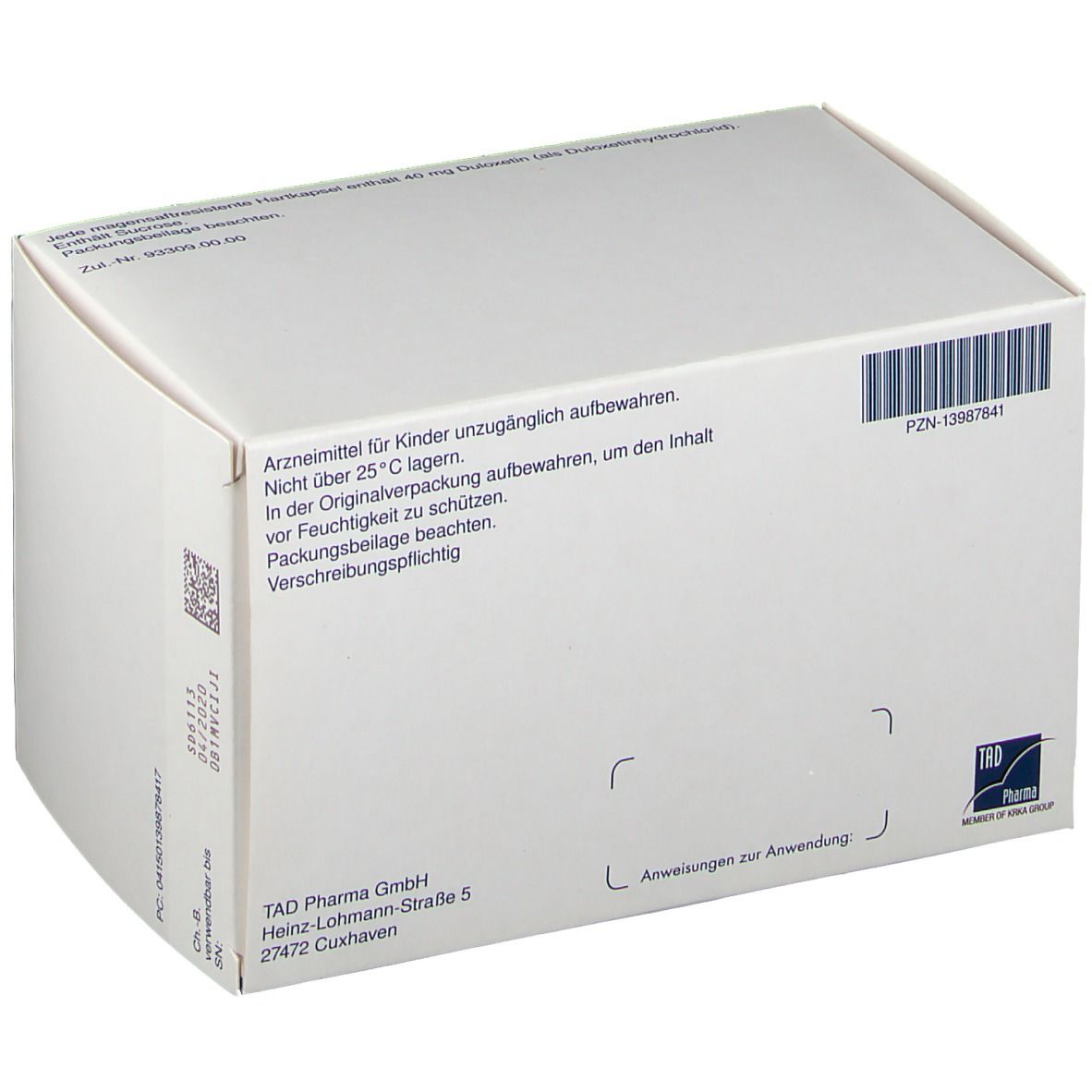 Rückseite der Verpackung von Duloxetin TAD® 40 mg. Enthält Text, Barcode und Logo. Weißer Karton mit Produktinformationen.
