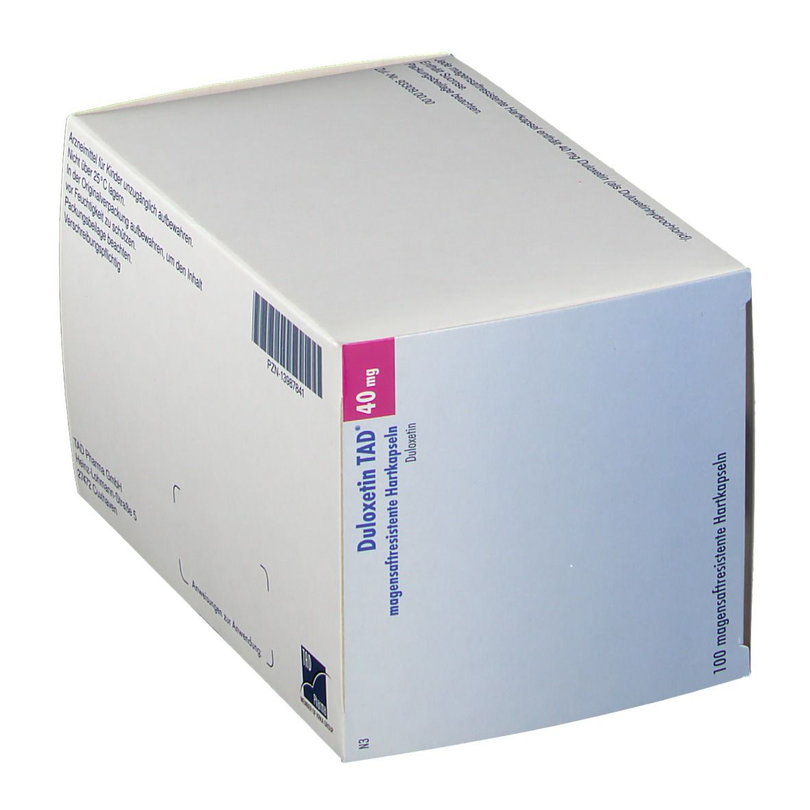 Karton von Duloxetin TAD® 40 mg, magensaftresistente Hartkapseln. Blaue und rosa Verpackung mit Produktnamen und Dosierung.