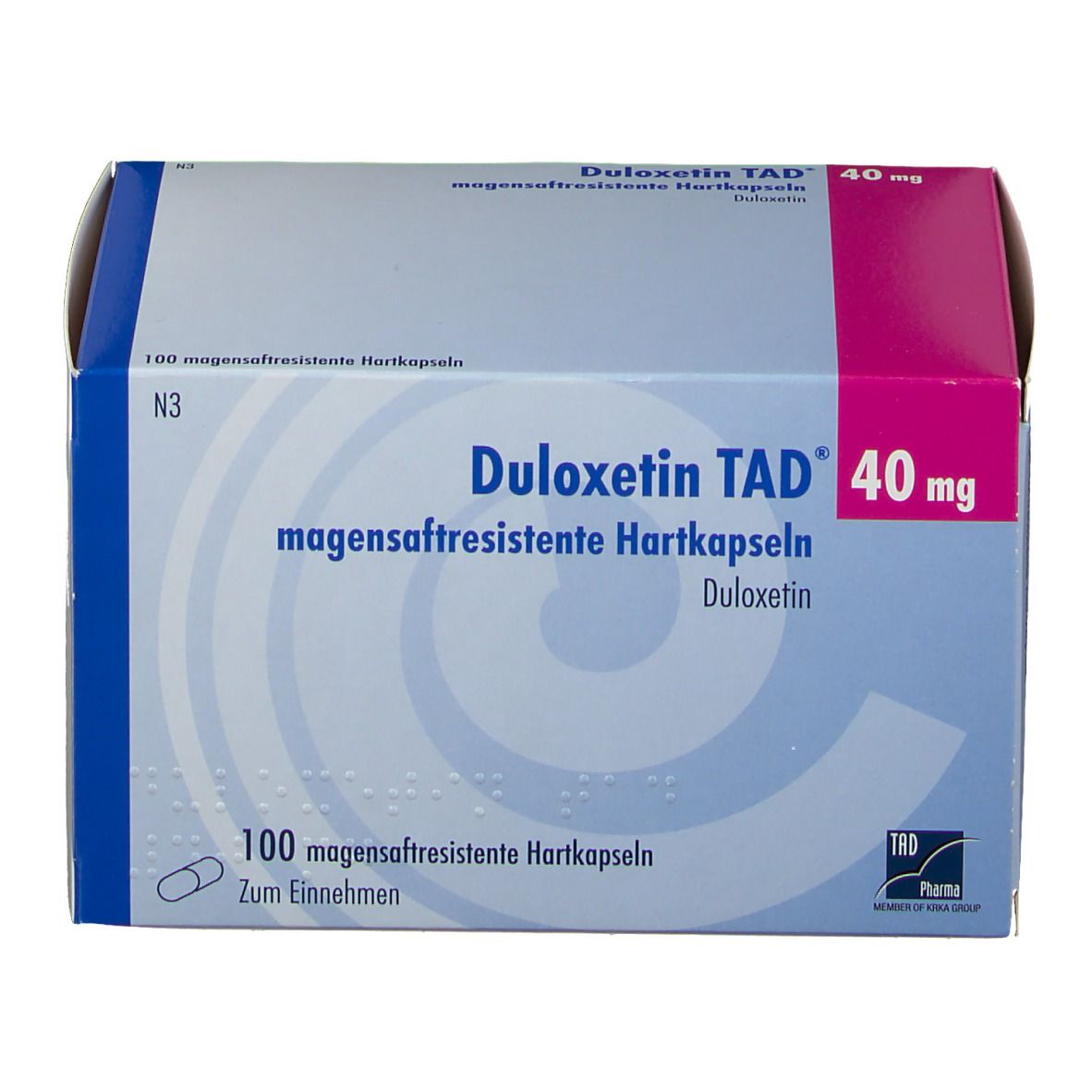 Karton von Duloxetin TAD® 40 mg, magensaftresistente Hartkapseln. Blaue und rosa Verpackung mit Produktnamen und Dosierung.