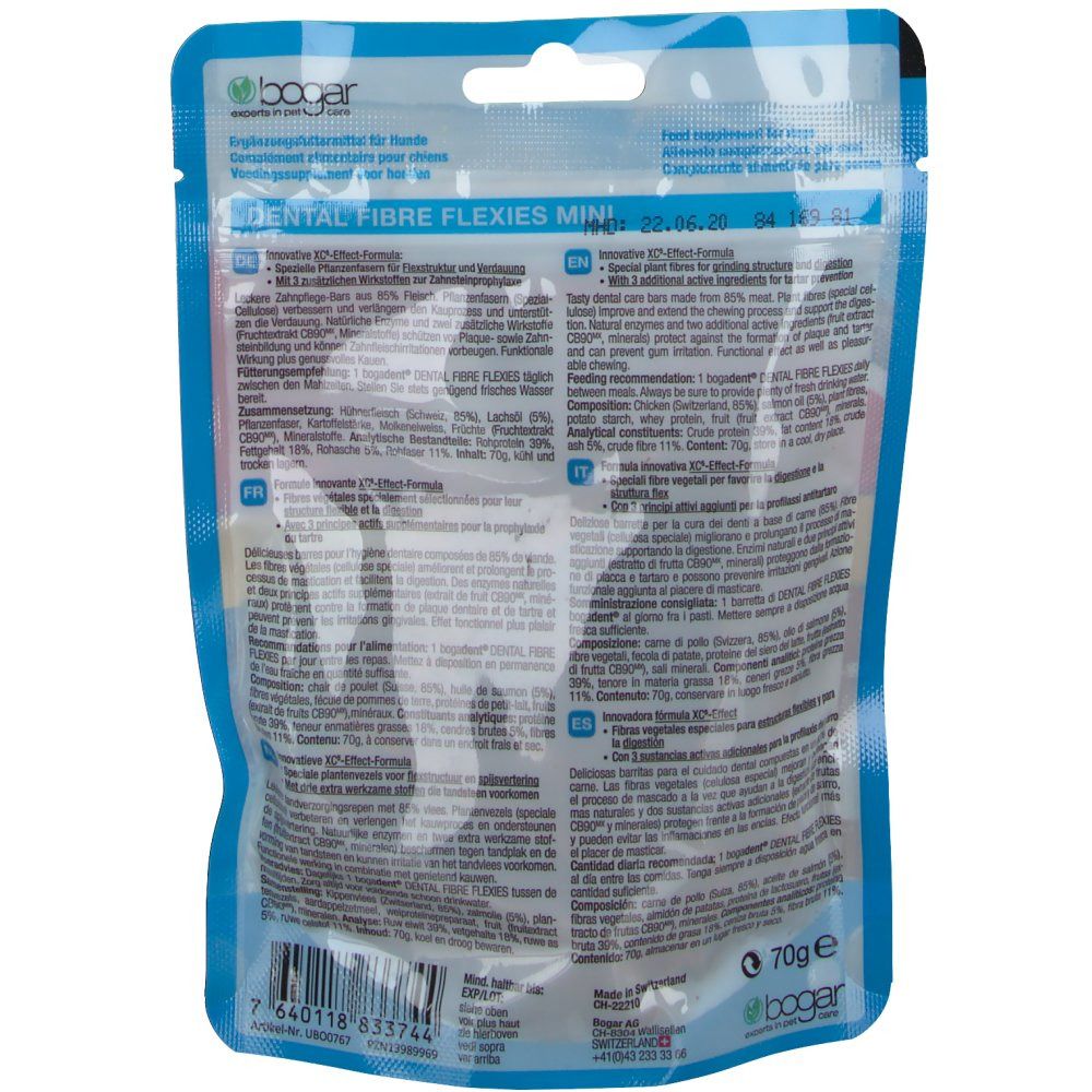Rückseite der Verpackung von bogadent® Dental Fibre Flexies. Text in mehreren Sprachen, Inhaltsstoffe, Nährwertangaben, 70g.