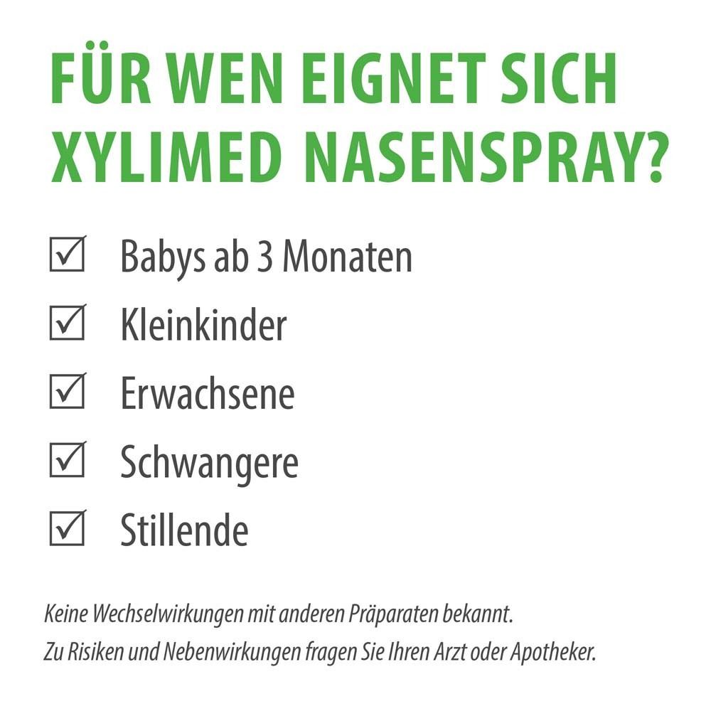 Text: Für wen eignet sich XYLIMED Nasenspray? Babys ab 3 Monaten, Kleinkinder, Erwachsene, Schwangere, Stillende.
