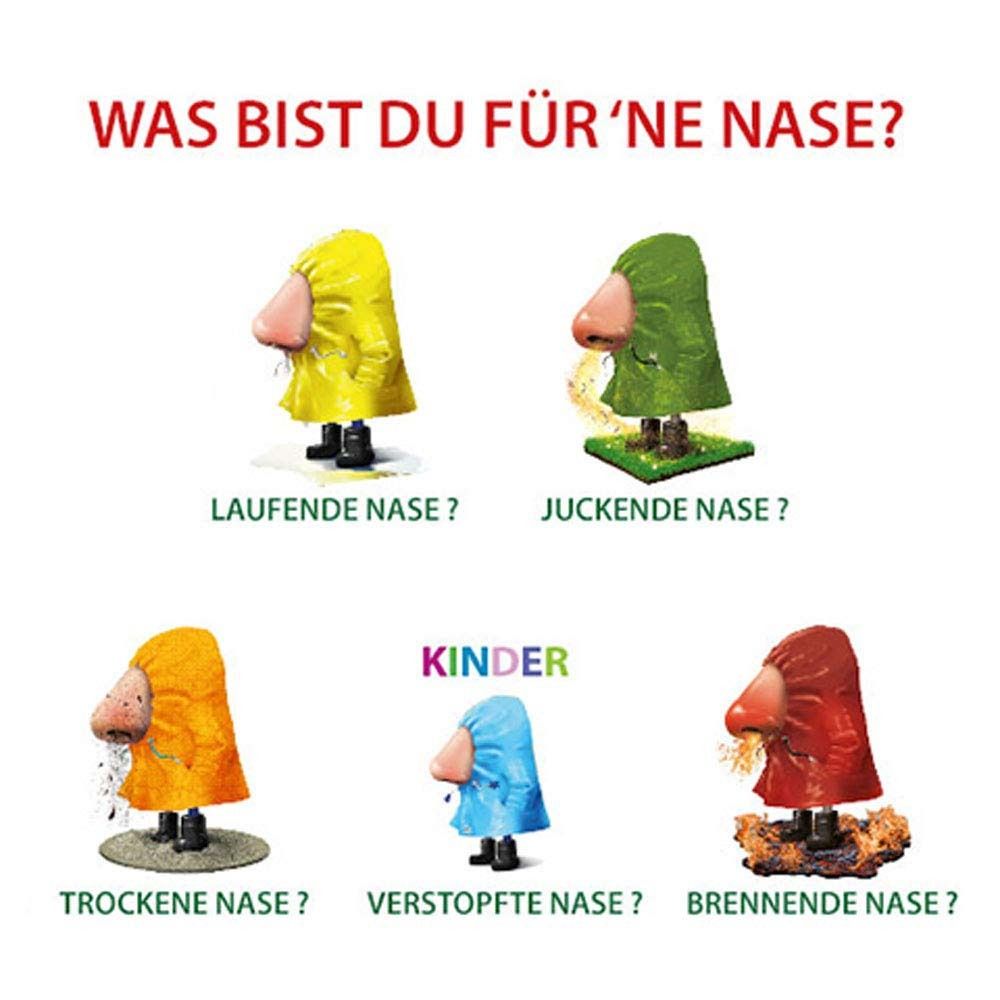 Cartoon-Nasen mit verschiedenen Symptomen. Gelbe Nase: Laufende Nase. Grüne Nase: Juckende Nase. Rote Nase: Brennende Nase.