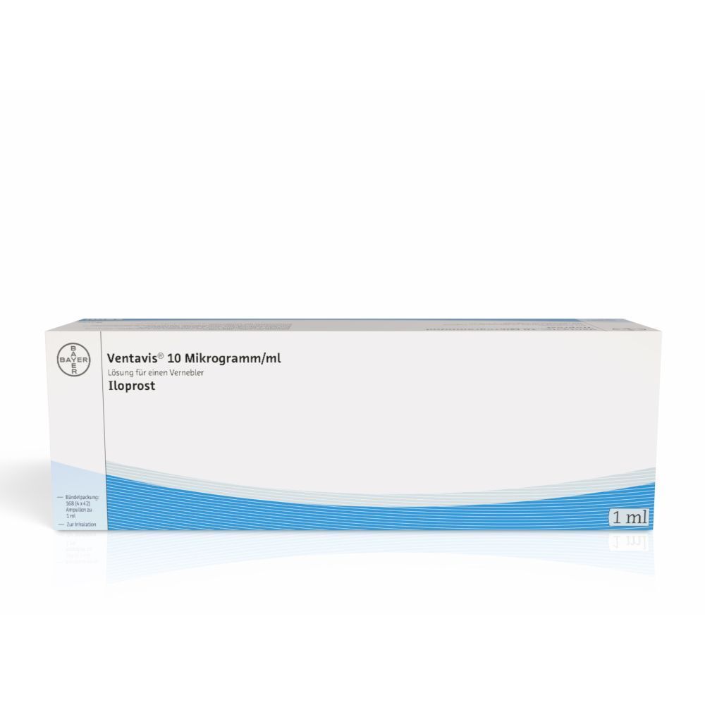 Karton mit Produktinformationen. Aufschrift: Ventavis 10 Mikrogramm/ml, Bayer-Logo. Blaue und weiße Farbgebung. Volumen: 1 ml.