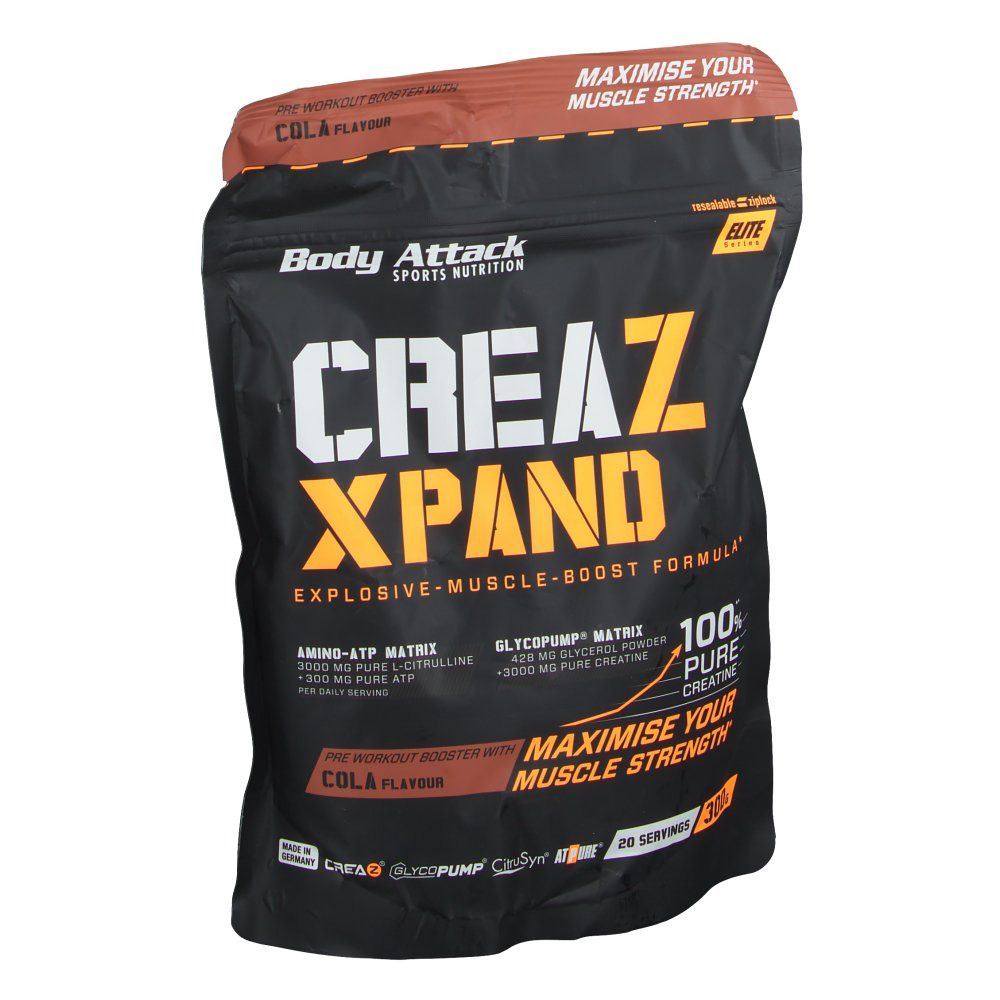Schwarze Tüte mit Aufschrift "CreaZ XPand". Enthält Cola-Aroma. Enthält 100% reines Kreatin. 20 Portionen. Marke: Body Attack.
