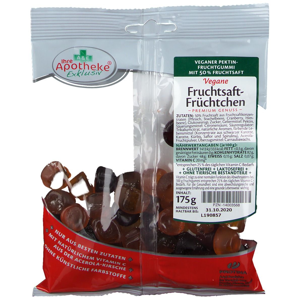 Klarsichtbeutel mit Fruchtsaft-Früchtchen. Aufdruck: Apotheke Exklusiv, Vegane Fruchtsaft-Früchtchen, 175g, Mindestens haltbar bis 31.10.2020.