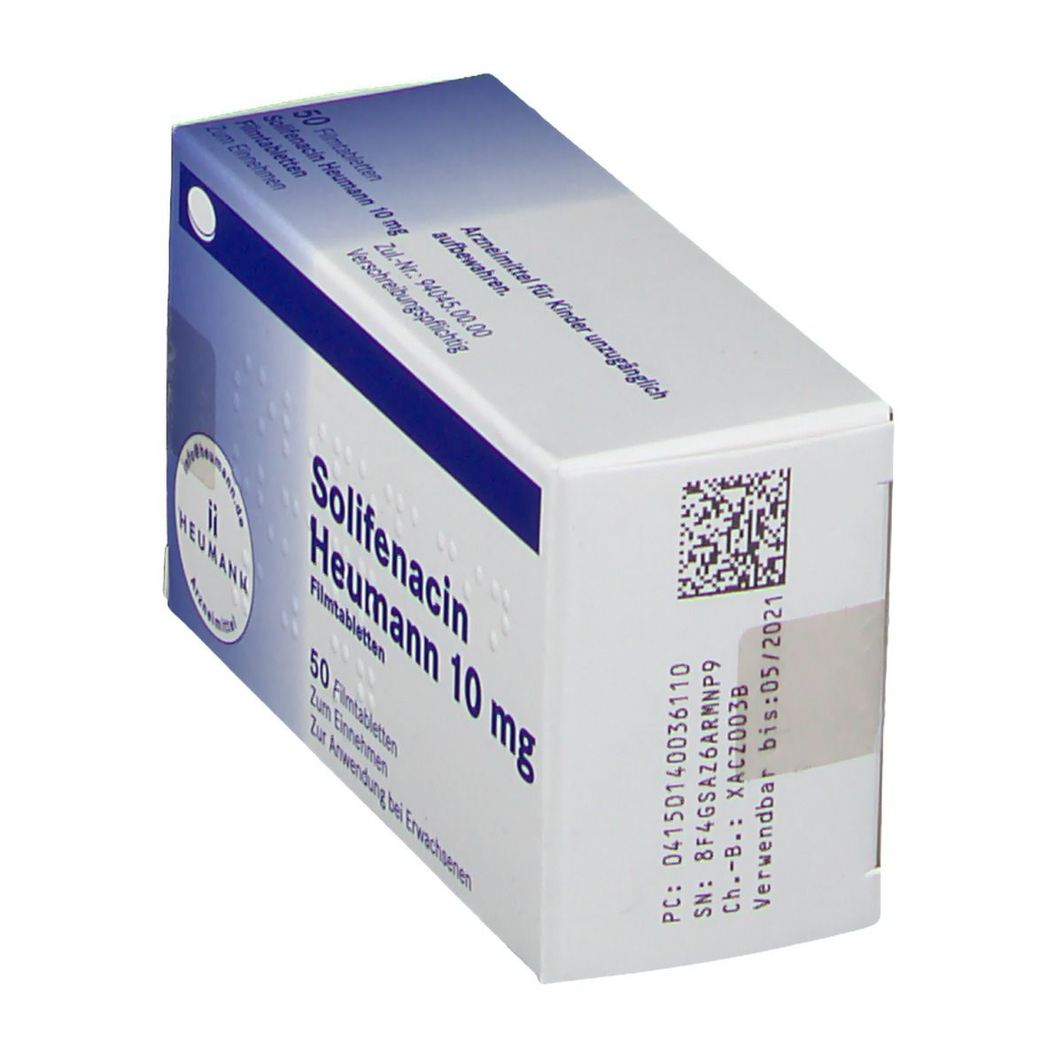 Solifenacin Heumann 10 mg Filmtabletten-Packung. Weiße Schachtel mit blauen Akzenten. Aufdruck: Produktname, 50 Filmtabletten, Heumann.