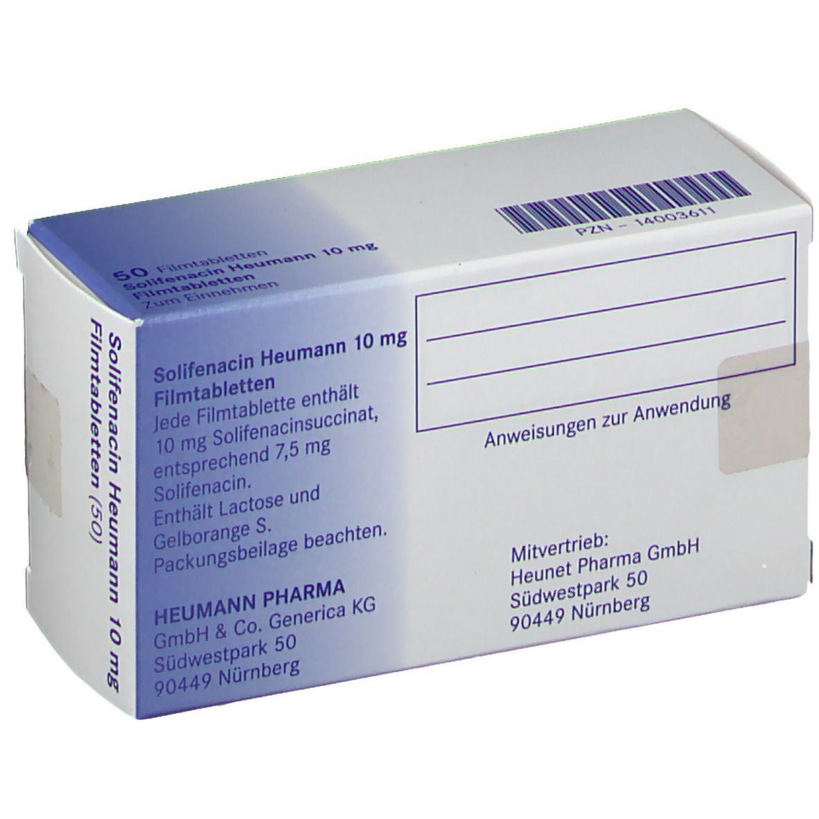 Rückseite der Solifenacin Heumann 10 mg Packung. Text: Produktinformationen, Herstellerangaben, Anweisungen zur Anwendung, Heumann Pharma GmbH.