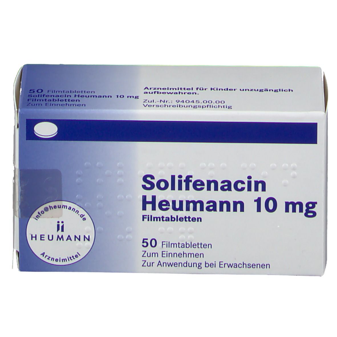 Vorderansicht der Solifenacin Heumann 10 mg Packung. Weiße Schachtel mit blauem Deckel. Aufdruck: Produktname, 50 Filmtabletten, Heumann Logo.