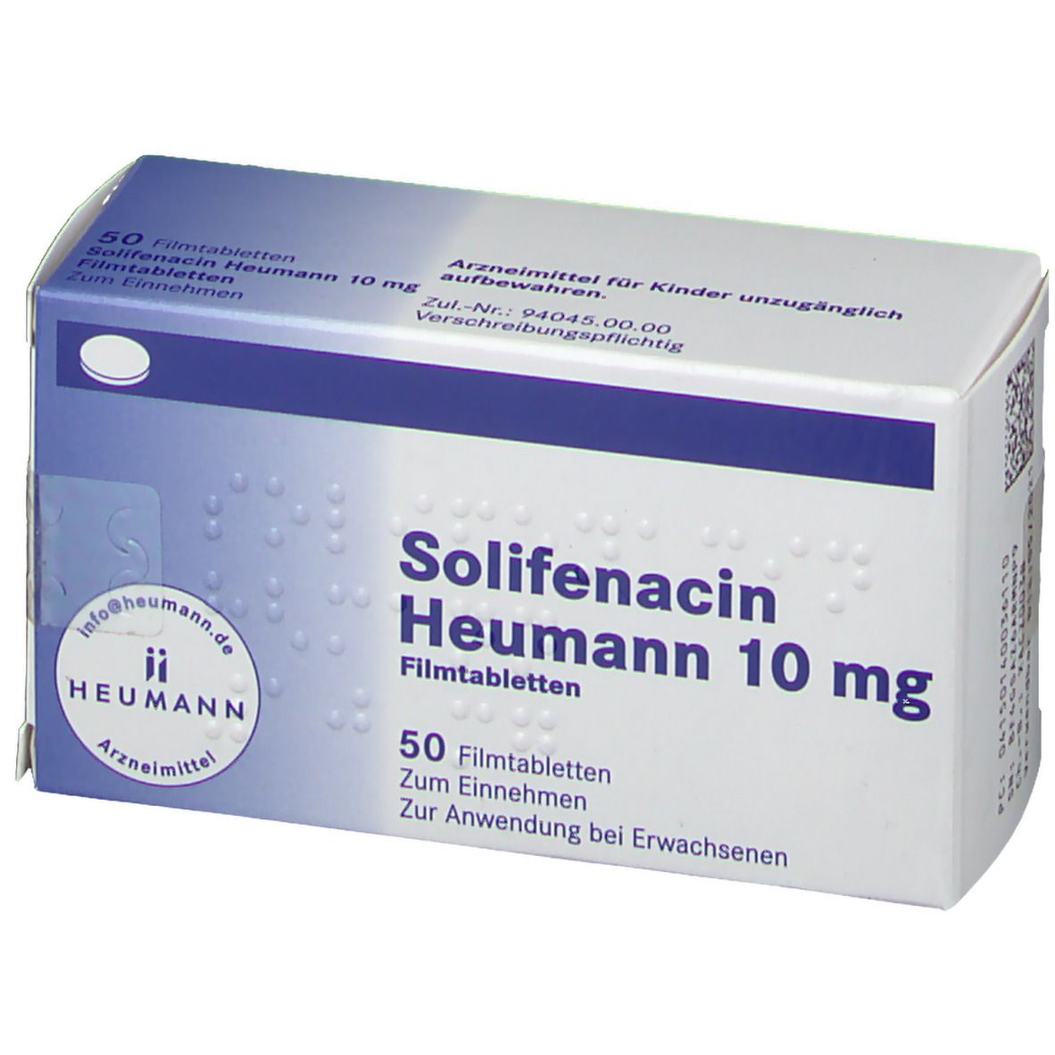 Vorderansicht der Solifenacin Heumann 10 mg Packung. Weiße Schachtel mit blauem Deckel. Aufdruck: Produktname, 50 Filmtabletten, Heumann Logo.