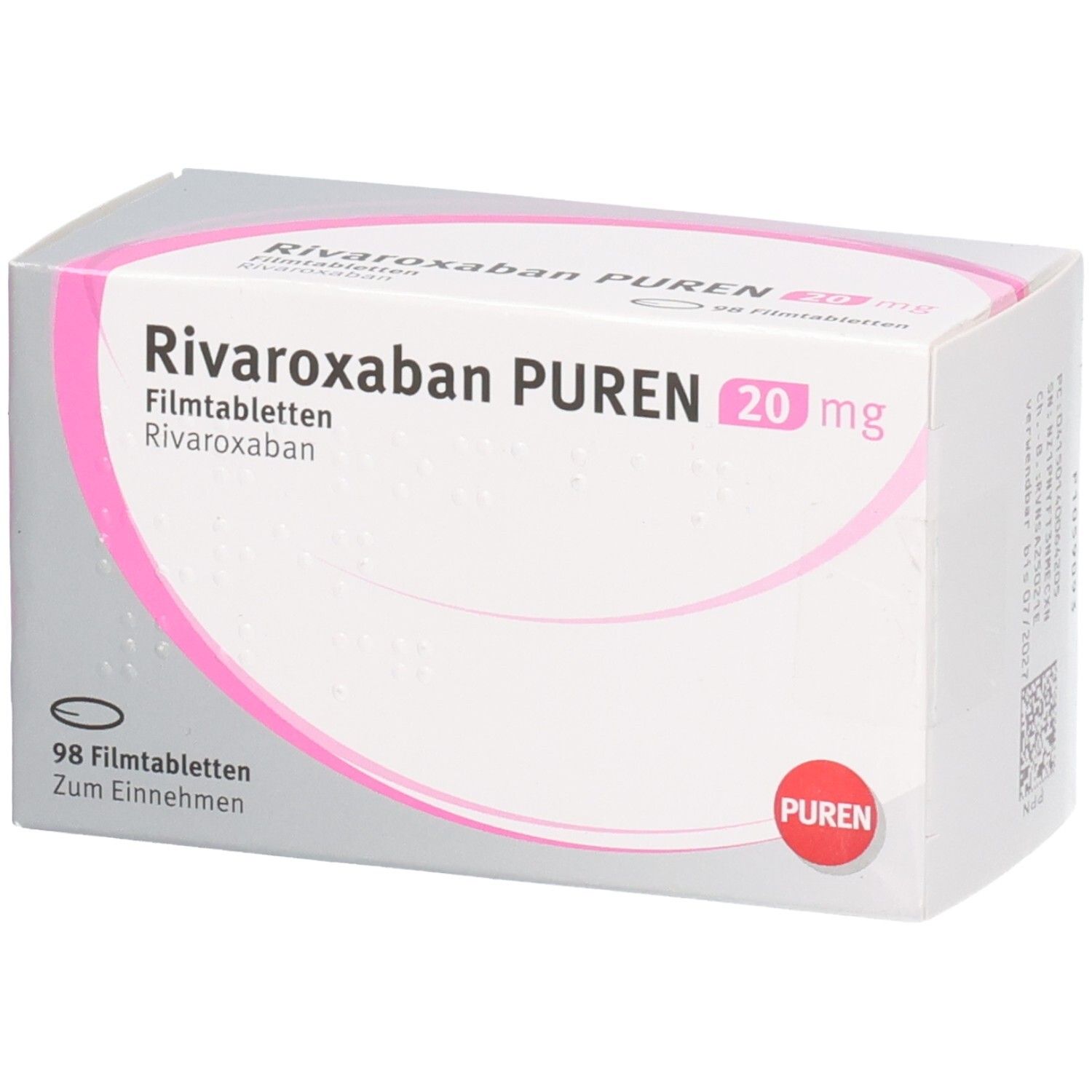 Schachtel mit RIVAROXABAN PUREN 20 mg Filmtabletten. Weiße Schachtel mit rosa Akzenten und rotem PUREN-Logo.