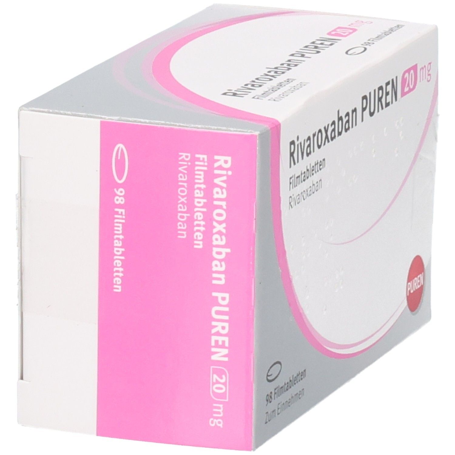 Schachtel RIVAROXABAN PUREN 20 mg Filmtabletten. Weiße Schachtel mit rosa Seiten. 98 Filmtabletten.