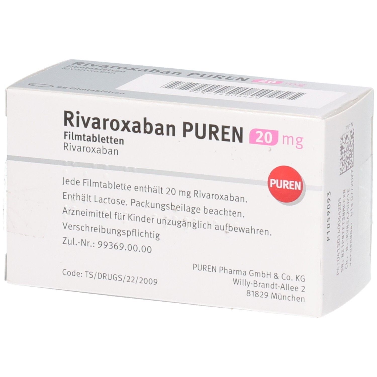 Schachtel RIVAROXABAN PUREN 20 mg Filmtabletten. Weiße Schachtel mit Text und rotem PUREN-Logo. Informationen.