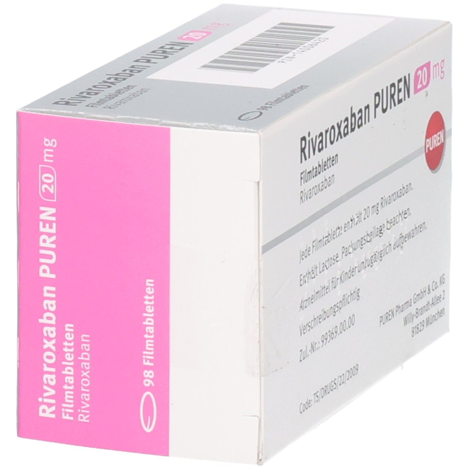 Schachtel RIVAROXABAN PUREN 20 mg Filmtabletten. Weiße Schachtel mit rosa Seite. 98 Filmtabletten.