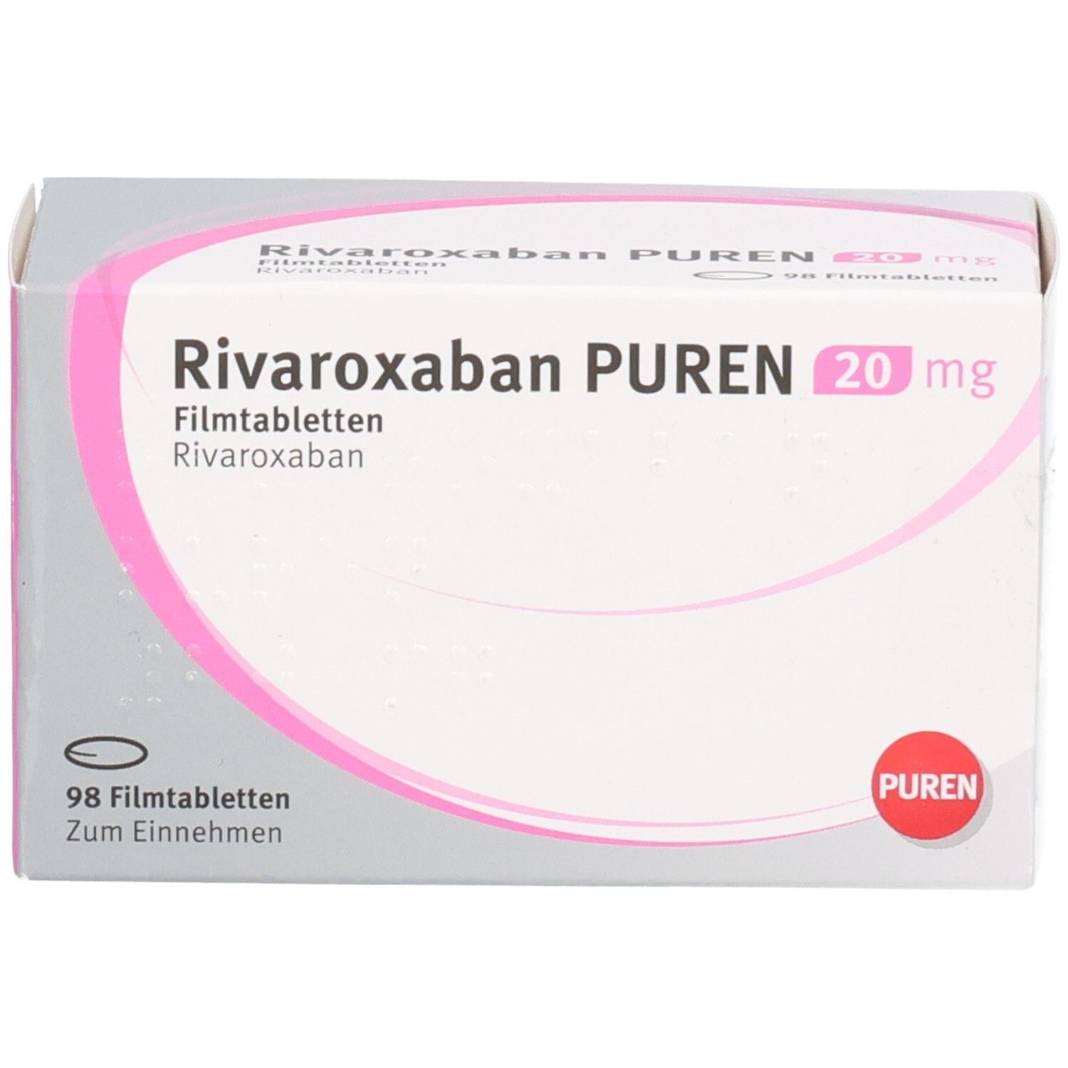 Schachtel RIVAROXABAN PUREN 20 mg Filmtabletten. Weiße Schachtel mit rosa Akzenten und rotem PUREN-Logo.