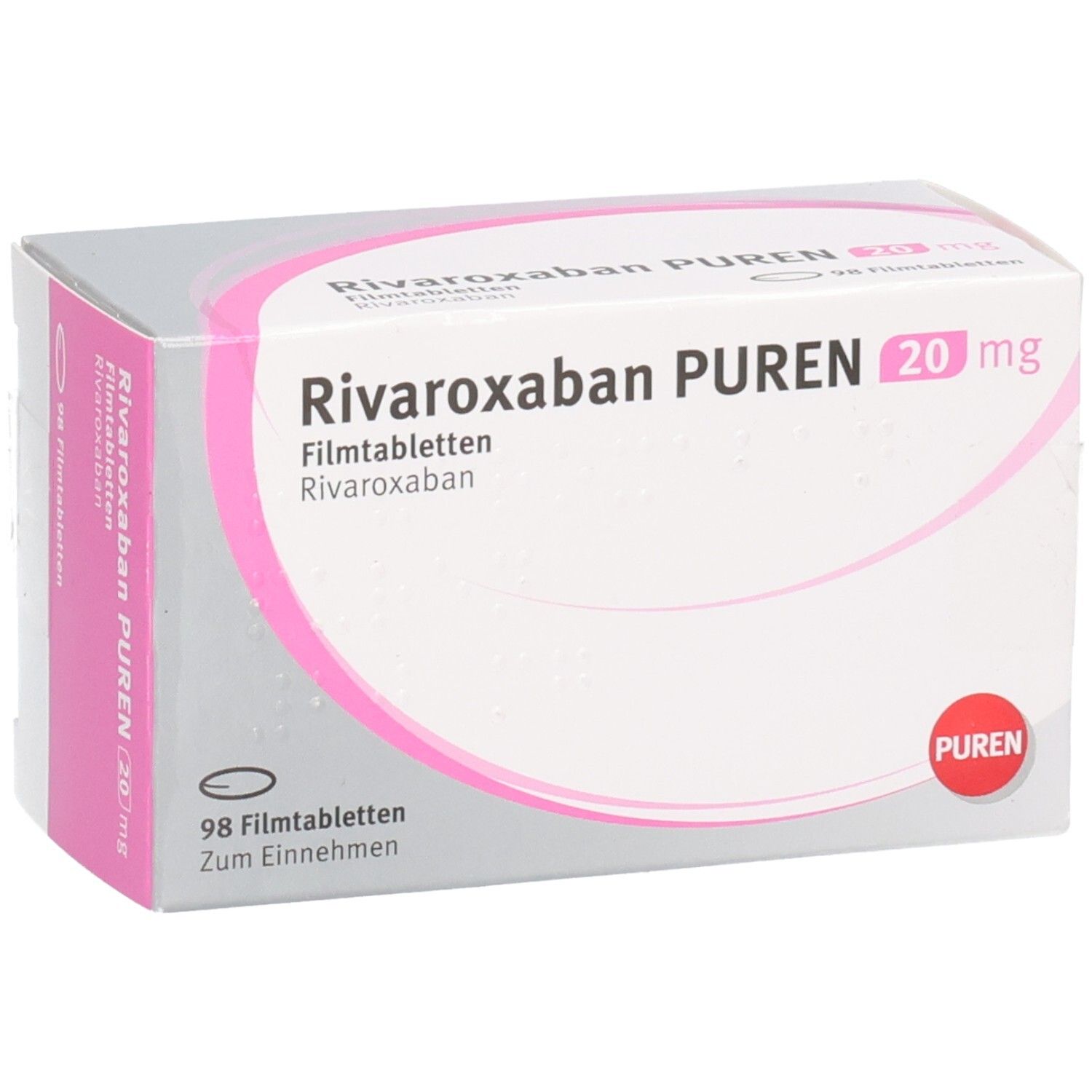 Schachtel RIVAROXABAN PUREN 20 mg Filmtabletten. Weiße Schachtel mit rosa Akzenten und rotem PUREN-Logo.