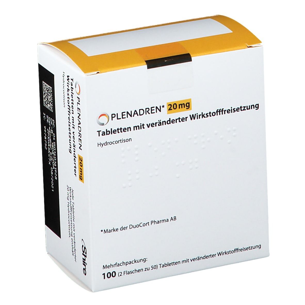 Weißer Karton mit gelbem Deckel. Aufschrift PLENADREN 20 mg. Text: Tabletten mit veränderter Wirkstofffreisetzung. Hydrocortison. Mehrfachpackung: 100 Tabletten.