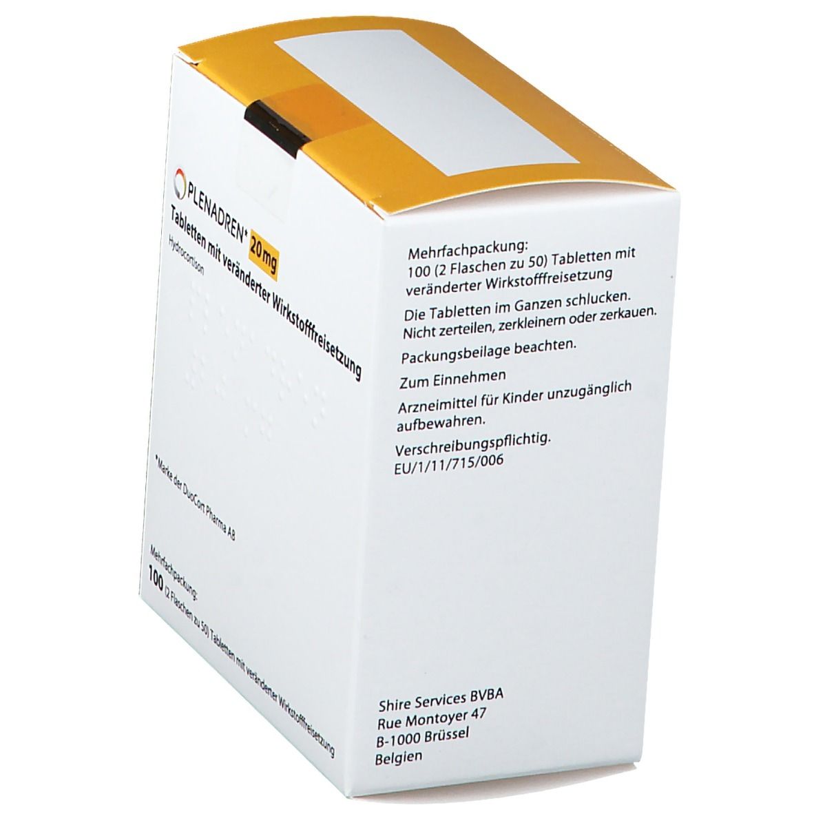 Weißer Karton mit gelbem Deckel. Aufschrift PLENADREN 20 mg. Text: Tabletten mit veränderter Wirkstofffreisetzung. Hydrocortison. Mehrfachpackung: 100 Tabletten.