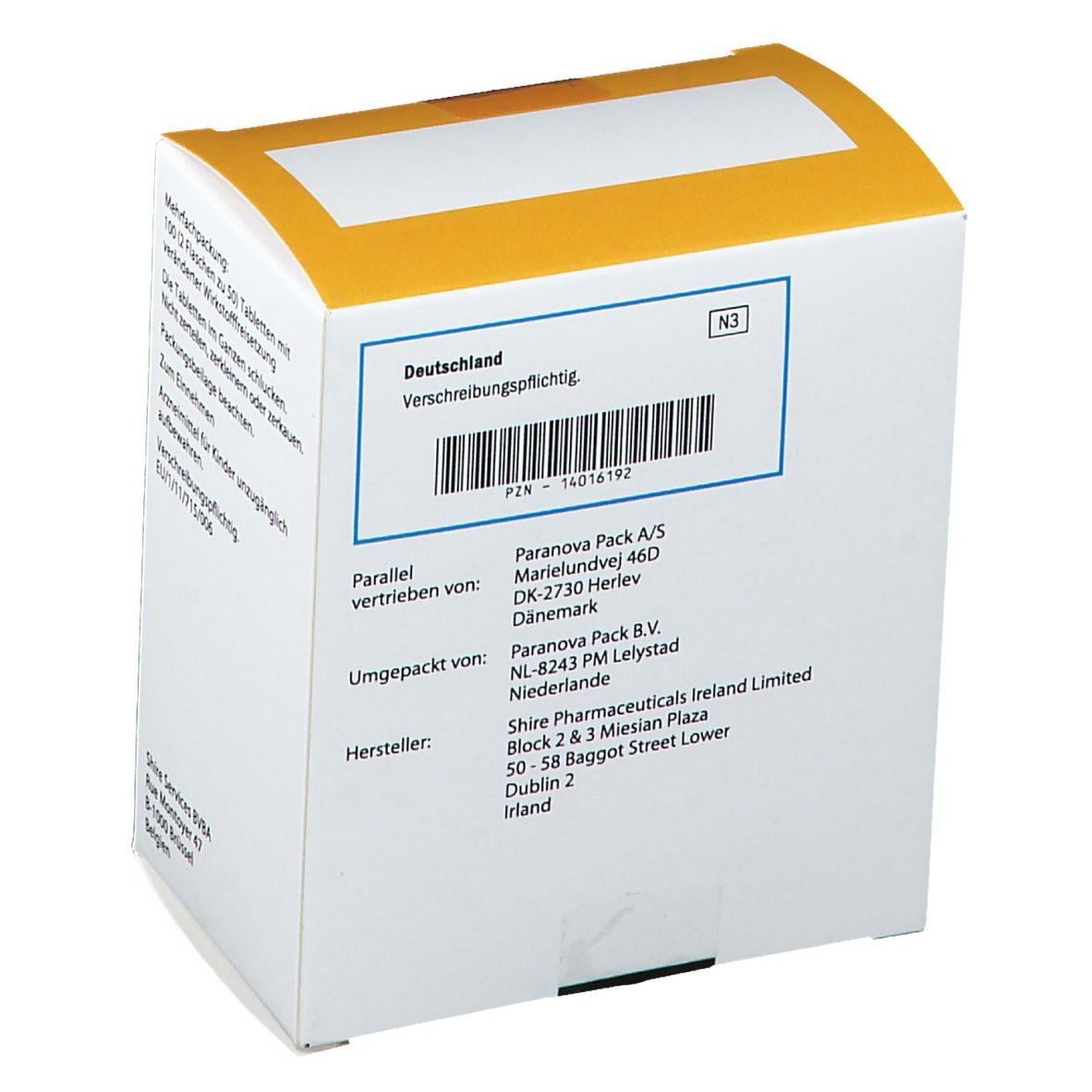 Weißer Karton mit gelbem Deckel. Aufschrift PLENADREN 20 mg. Text: Tabletten mit veränderter Wirkstofffreisetzung. Hydrocortison. Adressinformationen und Barcode.