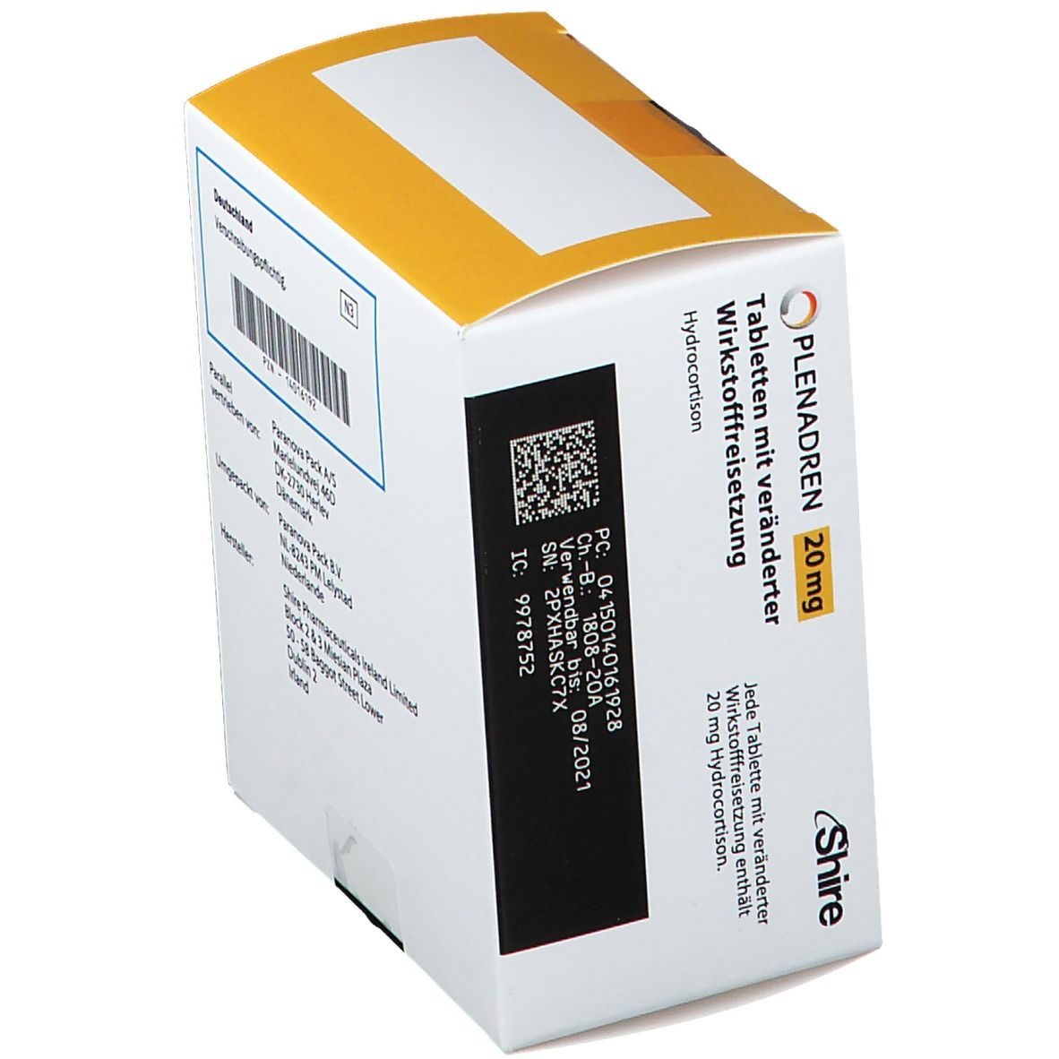 Weißer Karton mit gelbem Deckel. Aufschrift PLENADREN 20 mg. Text: Tabletten mit veränderter Wirkstofffreisetzung. Hydrocortison. Chargennummer und Verfallsdatum.
