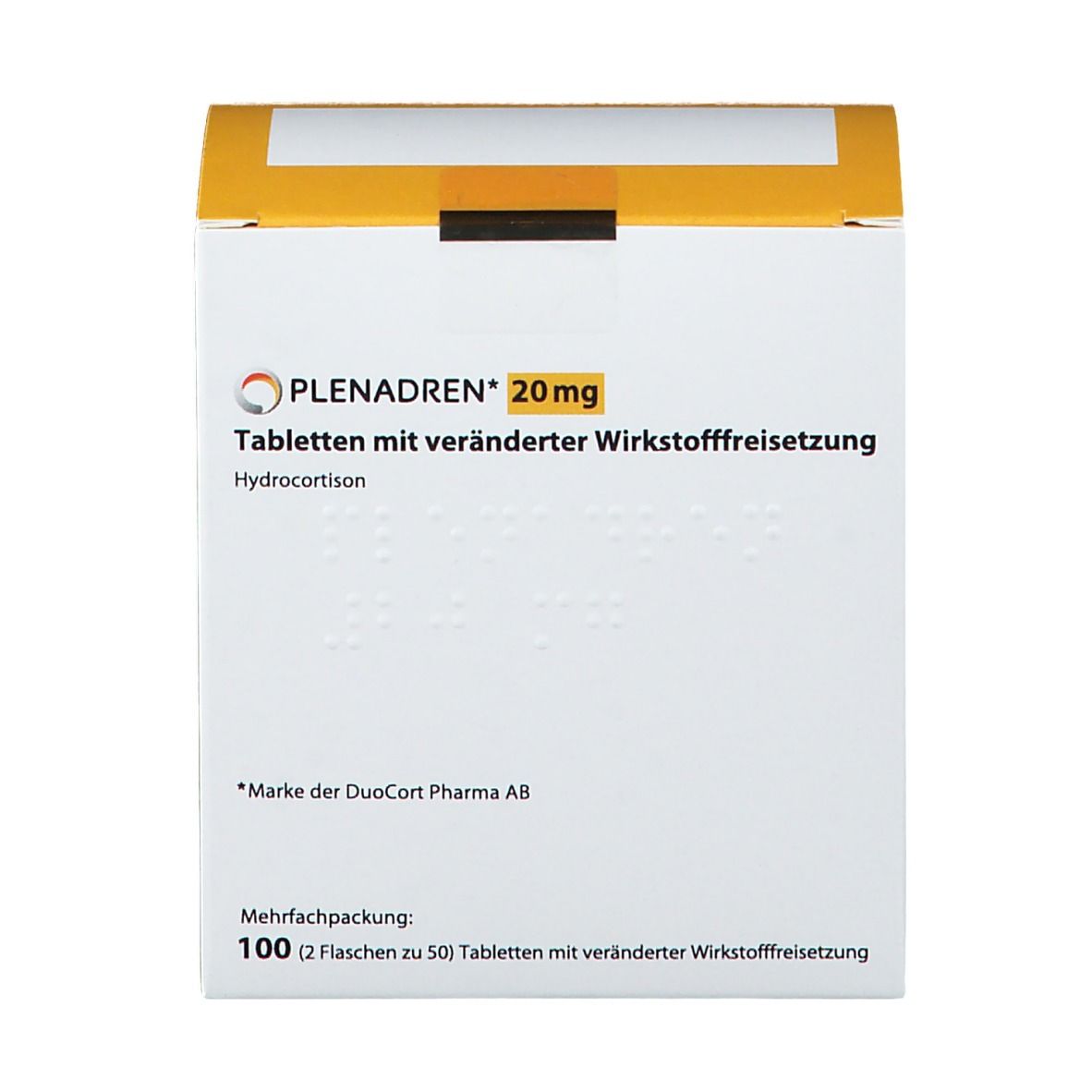 Weißer Karton mit gelbem Deckel. Aufschrift PLENADREN 20 mg. Text: Tabletten mit veränderter Wirkstofffreisetzung. Hydrocortison. Mehrfachpackung: 100 Tabletten.